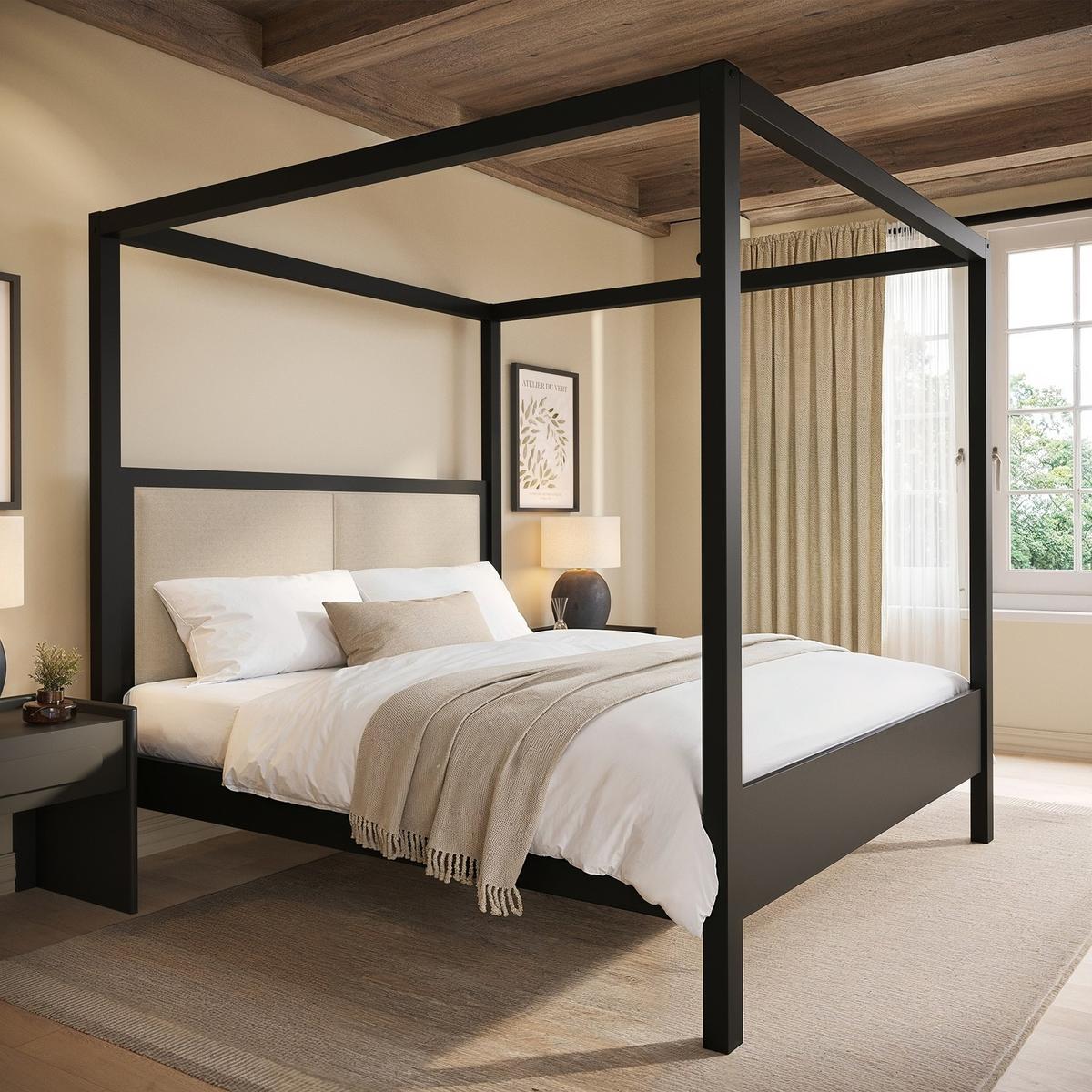 Super King Four Poster Bed in Black with Linen Headboard - Charlotte image 1