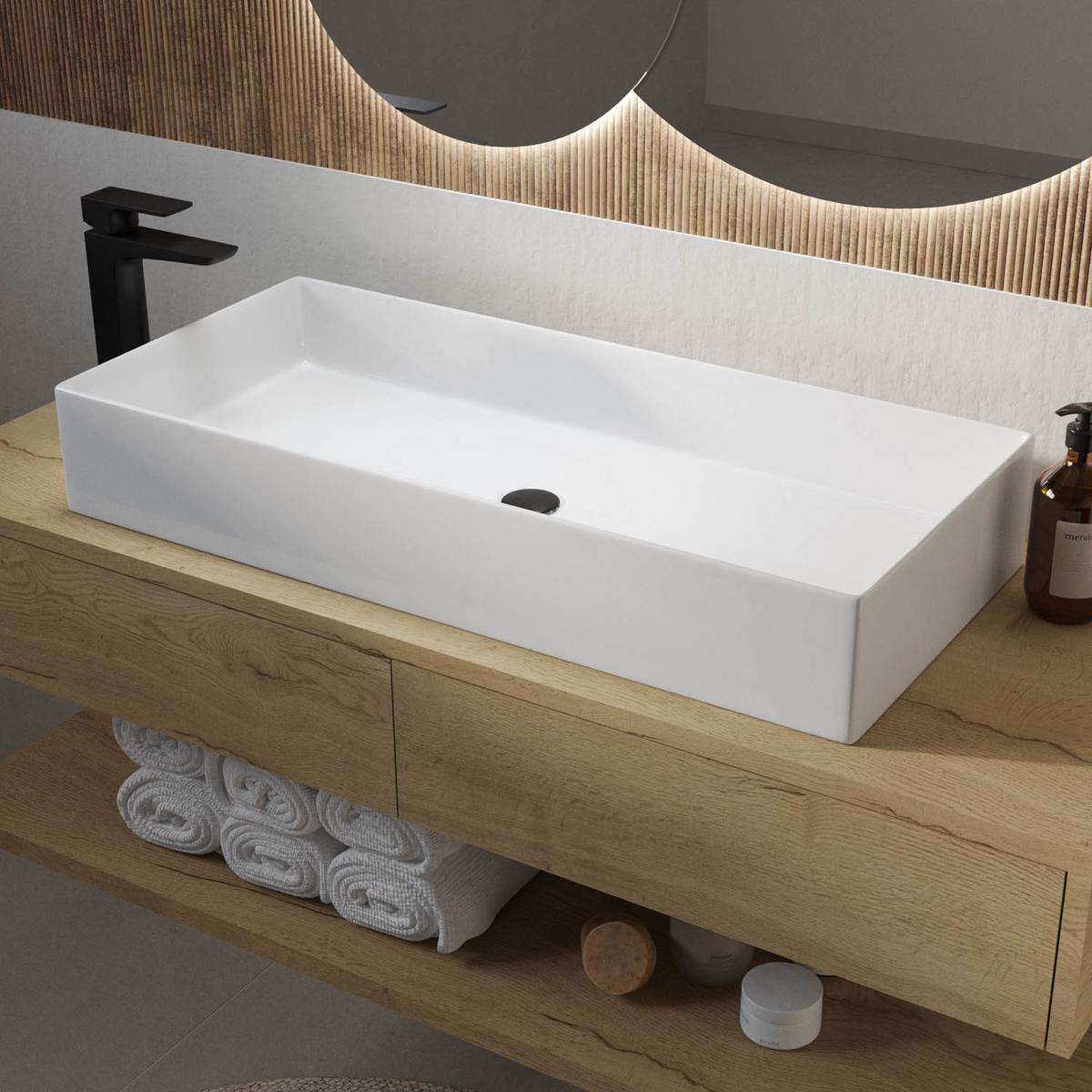 ONLY OPENED - White Rectangular Countertop Basin 800mm - Corey
