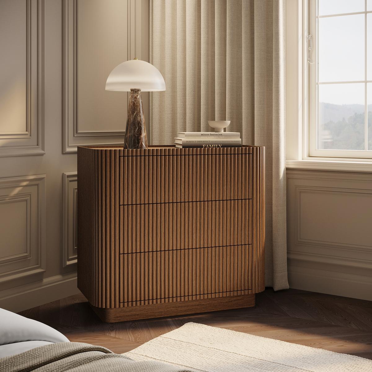 Walnut Ribbed 3 Drawer Chest - Drew  image 1