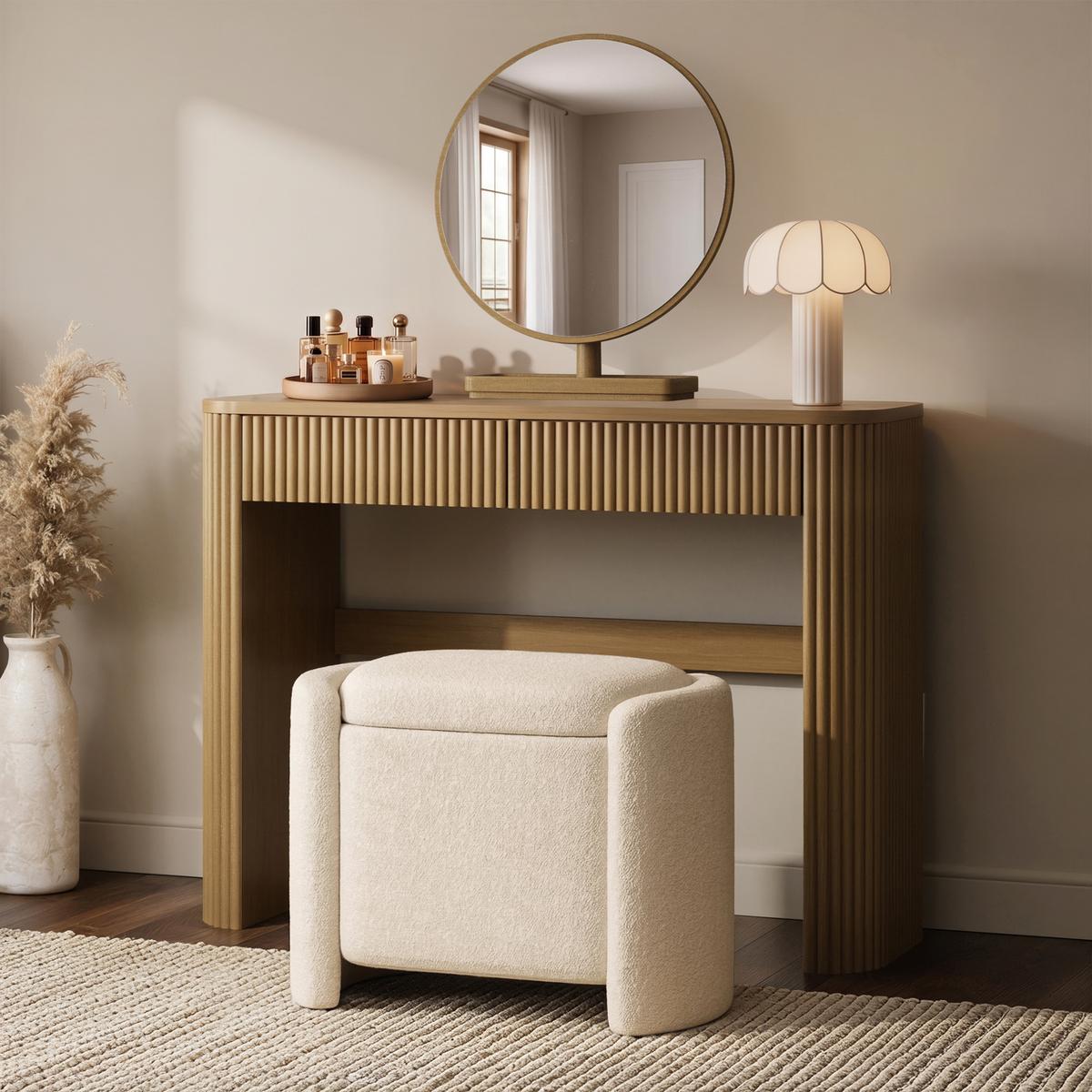Natural Oak Ribbed Dressing Table with Drawer and Mirror - Fully Assembled - Drew image 1