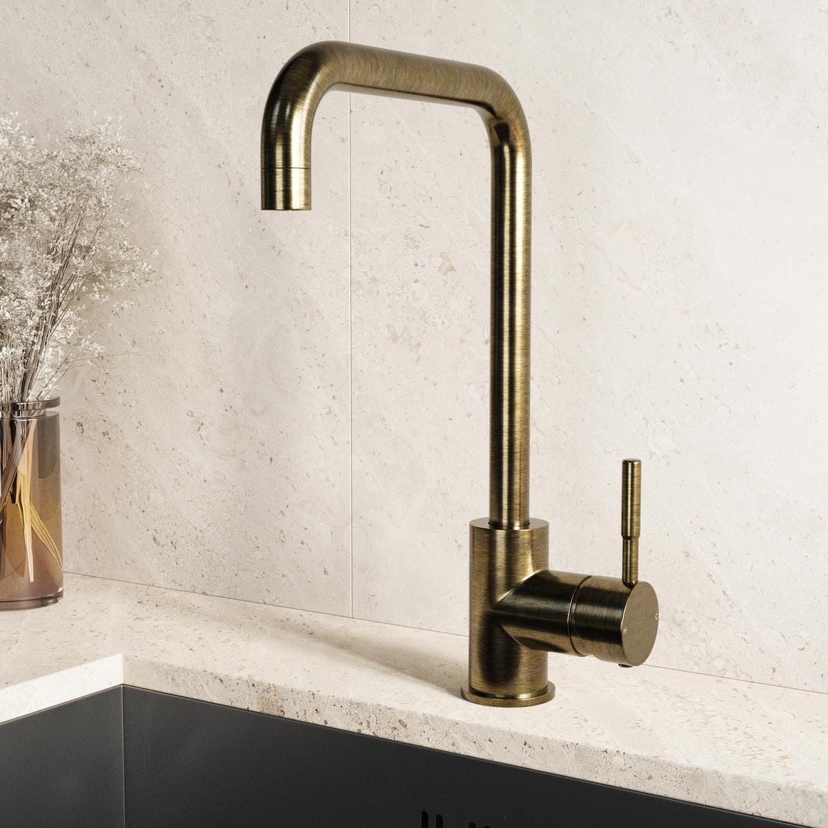Single Lever Antique Brass Monobloc Square Spout Kitchen Mixer Tap - Enza Elwood image 1
