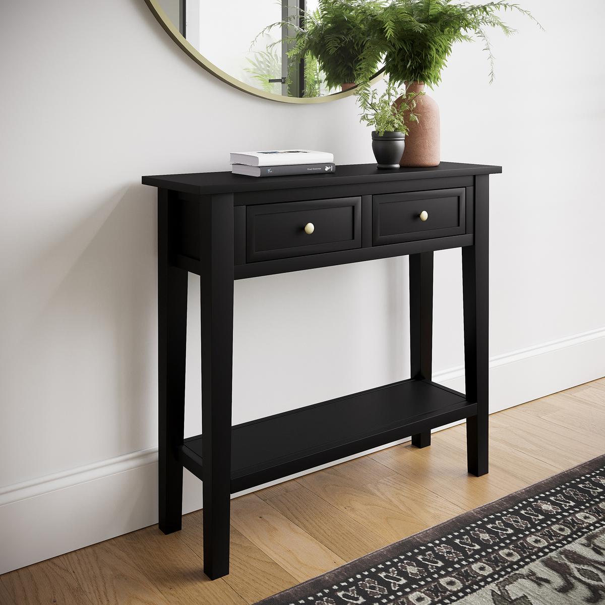 GRADE A1 - Small Narrow Black Wood Console Table with Drawers - Elms