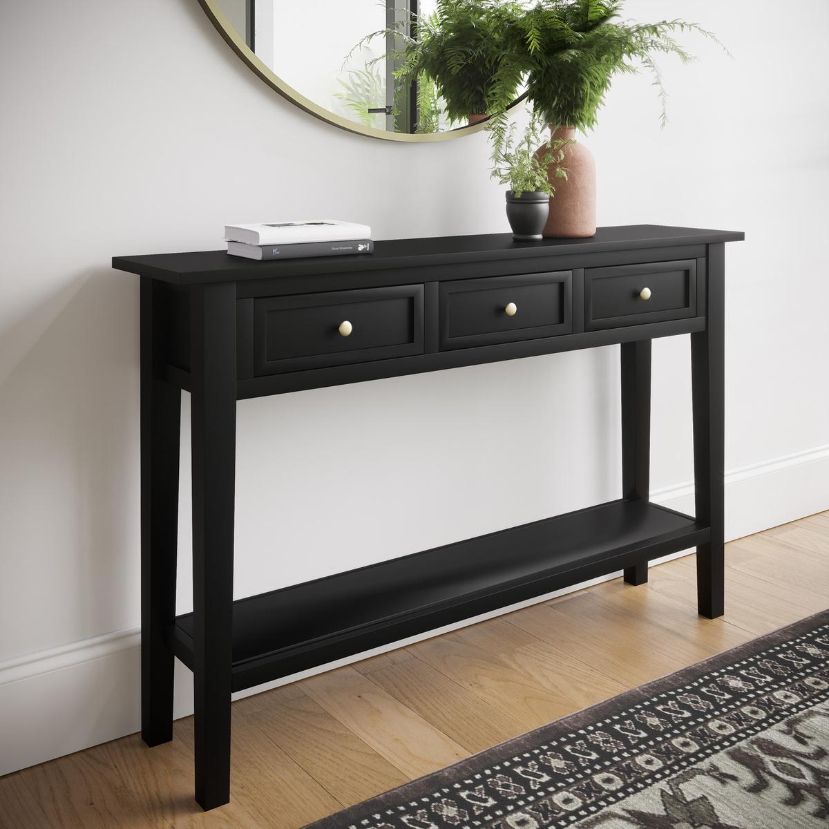 ONLY OPENED - Large Narrow Console Table in Black Wood with Drawers - Elms