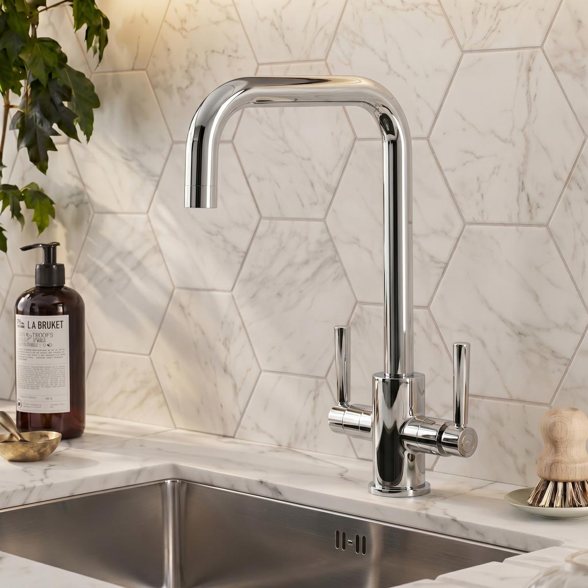Chrome Dual Lever Square Monobloc Kitchen Mixer Tap - Enza Elwood image 1