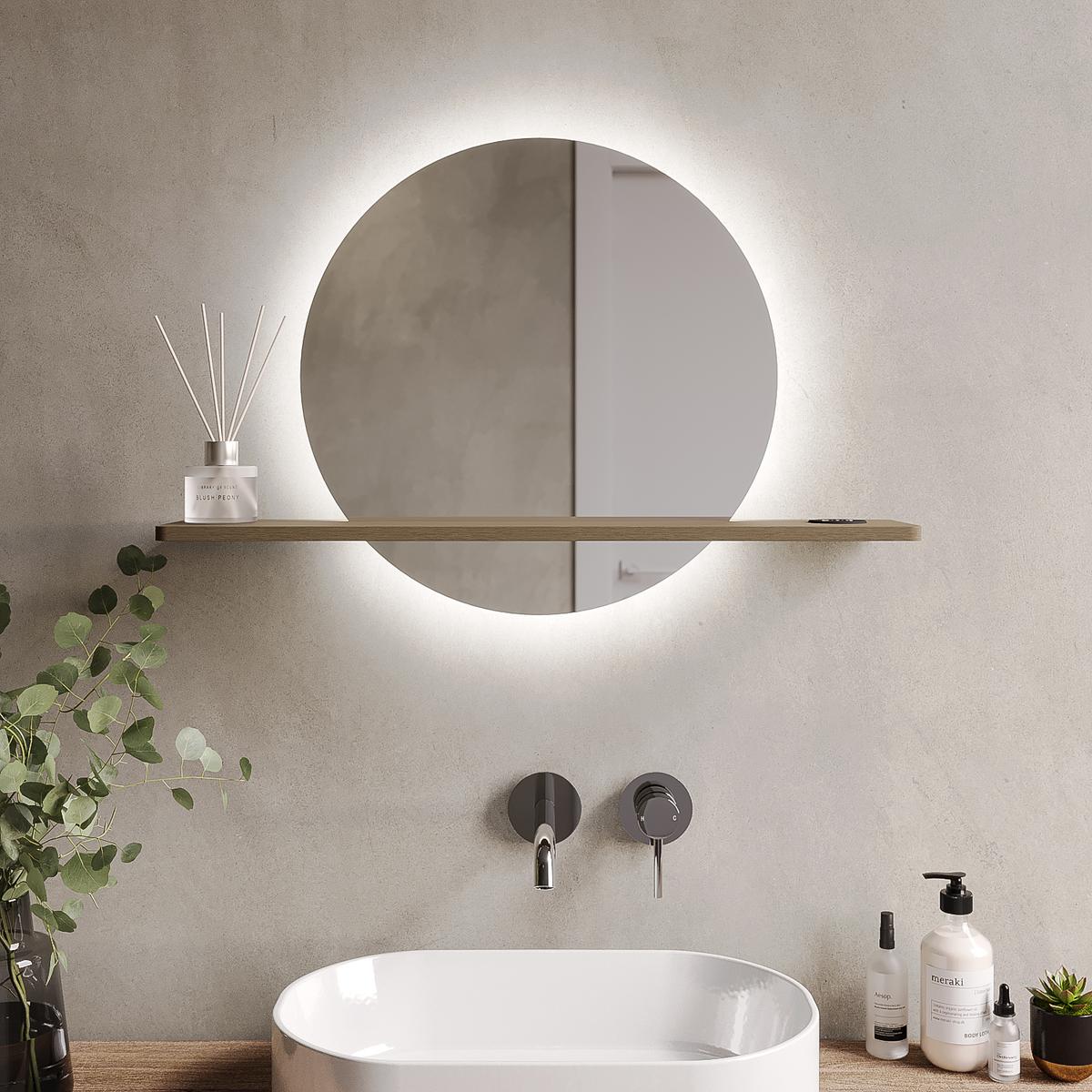 GRADE A2 - Round Backlit Heated Bathroom Mirror with Lights & Oak Shelf 500mm - Ersa
