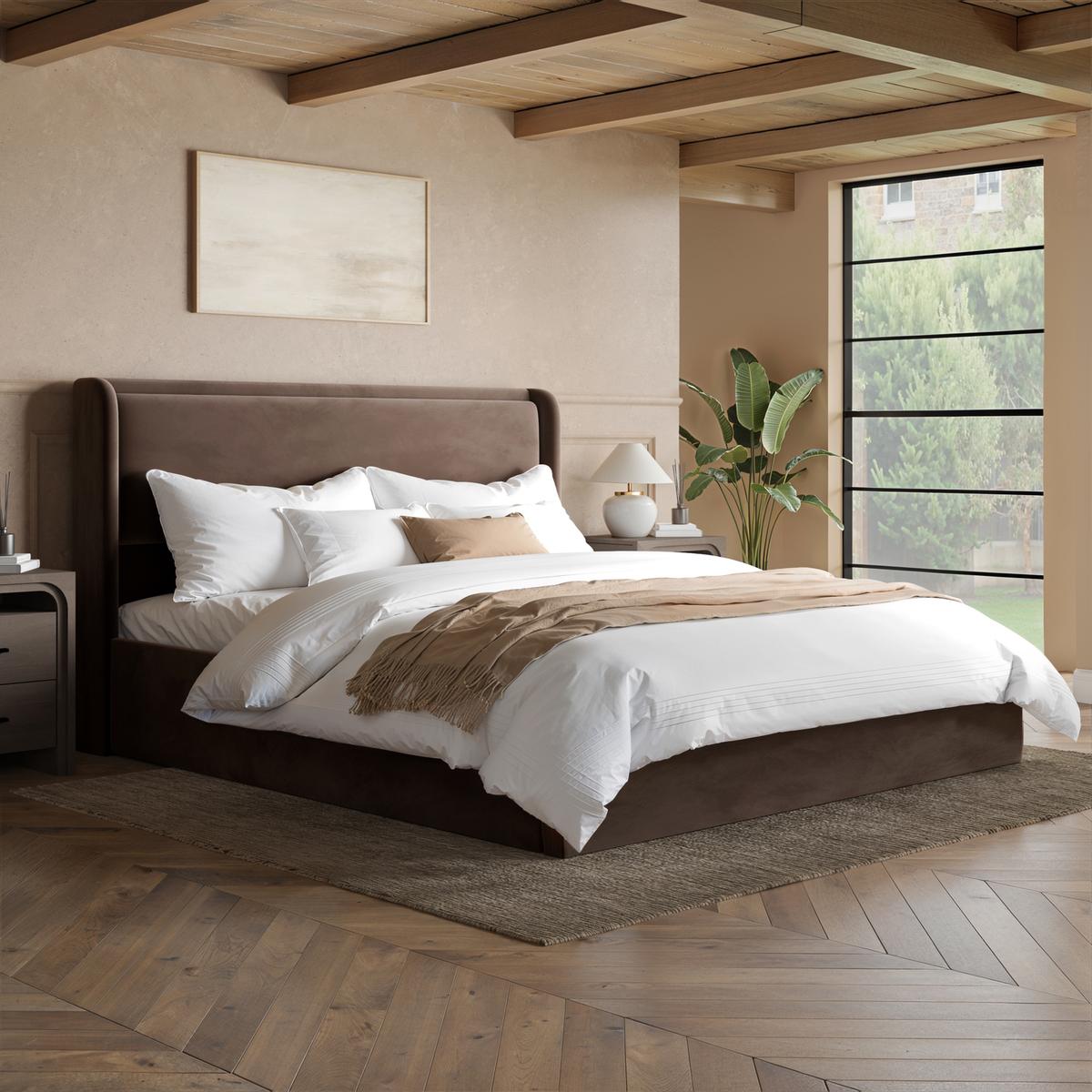Chocolate Brown Velvet Superking Ottoman Bed with Cushioned Headboard - Frida