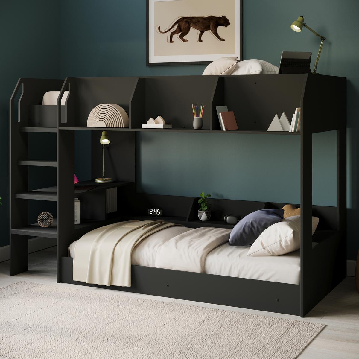 Black Bunk Bed with Storage Shelves - Freddie image 1