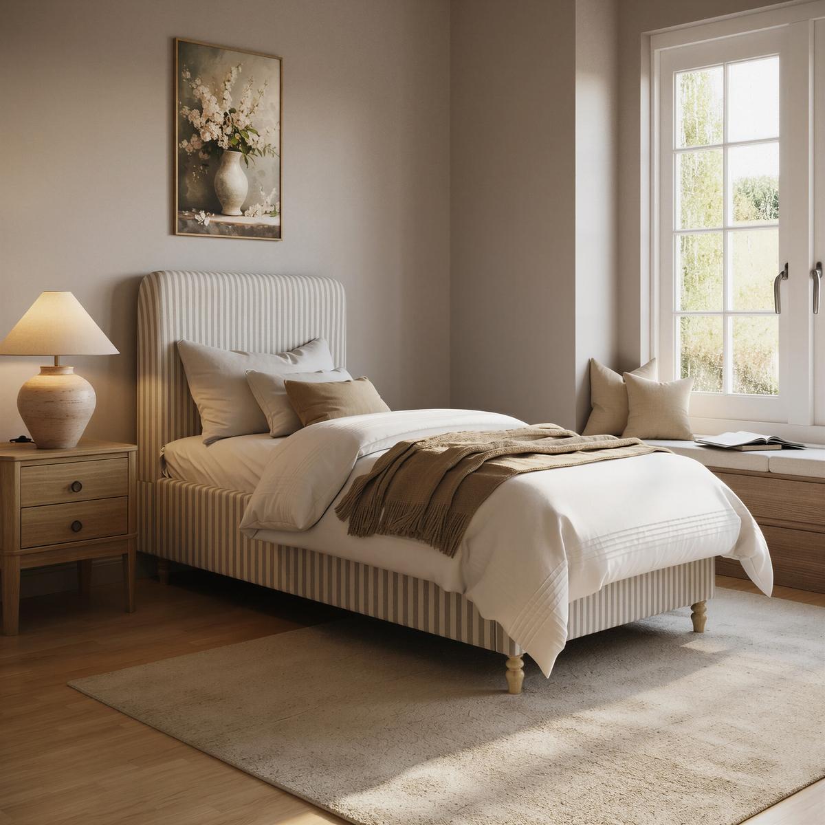 Ticking Stripe Single Ottoman bed in Cream/Neutral -Farrow image 1