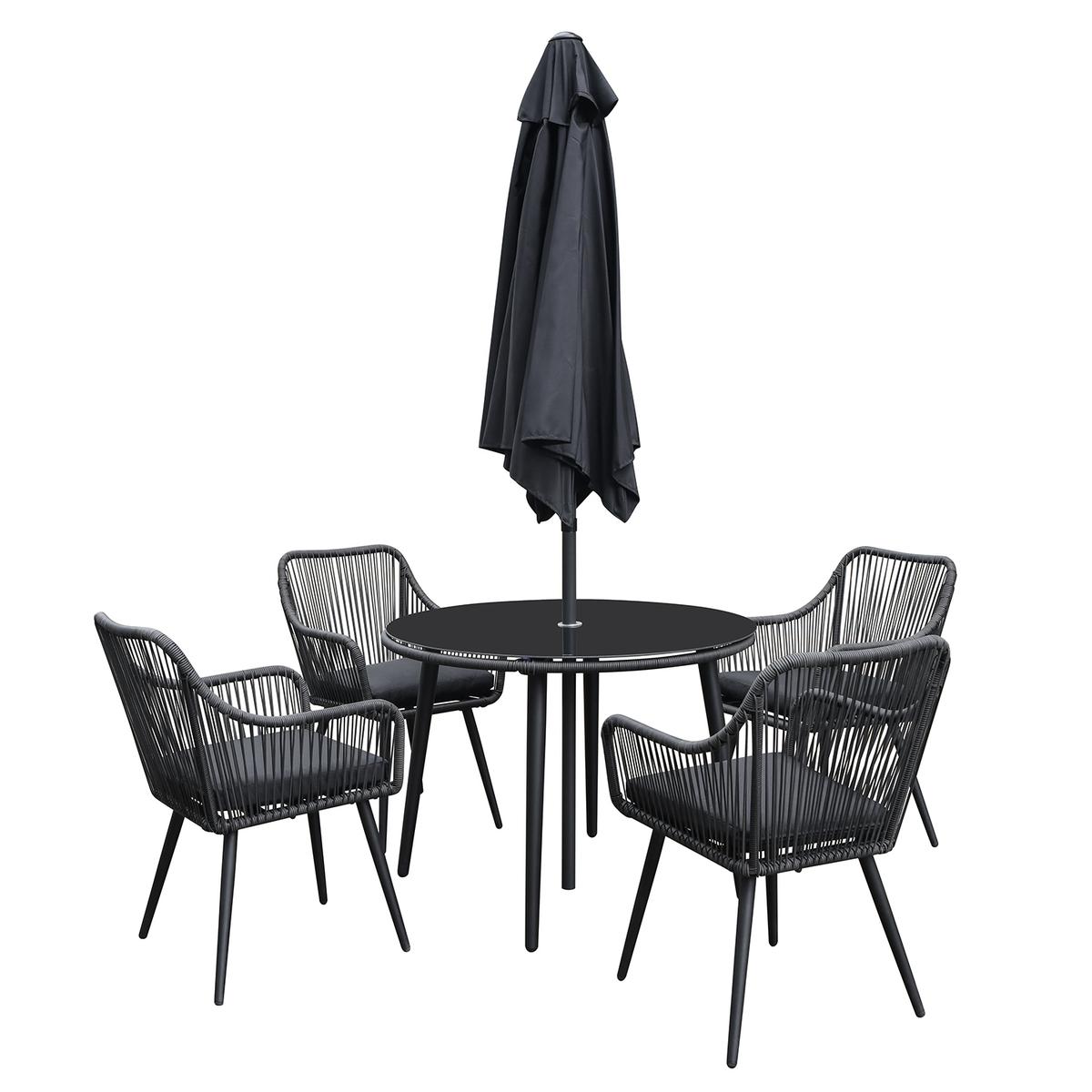 GRADE A1 - 4 Seater Black Rope Wicker Outdoor Dining Set with Parasol