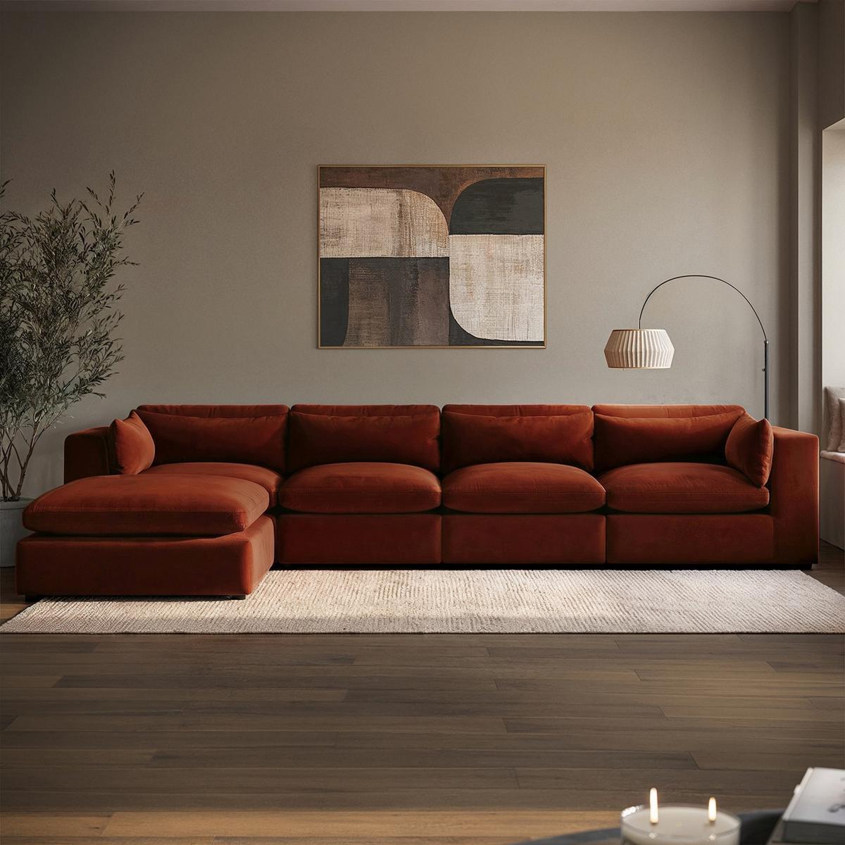 GRADE A1 - Burnt Orange Velvet 5 Seater L-Shape Corner Sofa with Reversible Chaise - Hudson