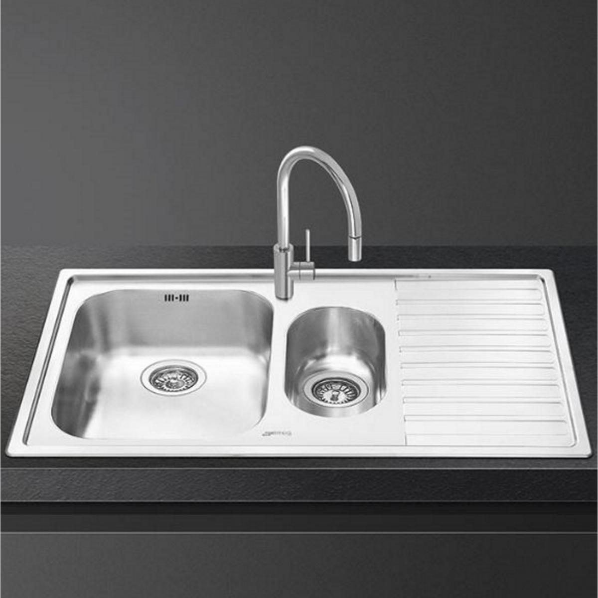 Smeg 1.5 Bowl Right Hand Drainer Stainless Steel Chrome Kitchen Sink – LL10D-2 Alba image 1