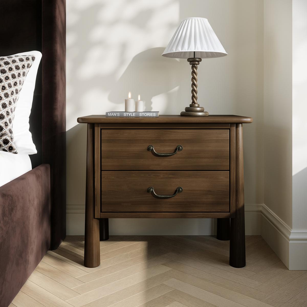 Wide Walnut 2 Drawer Bedside Table - Loretta image 1