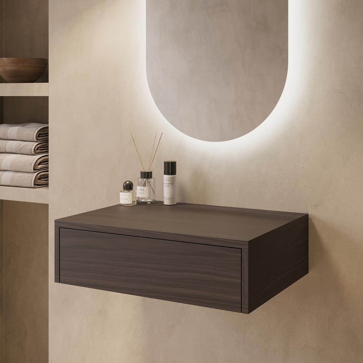 GRADE A2 - 600mm Walnut Wood Effect Wall Hung Countertop Vanity Unit - Lugo