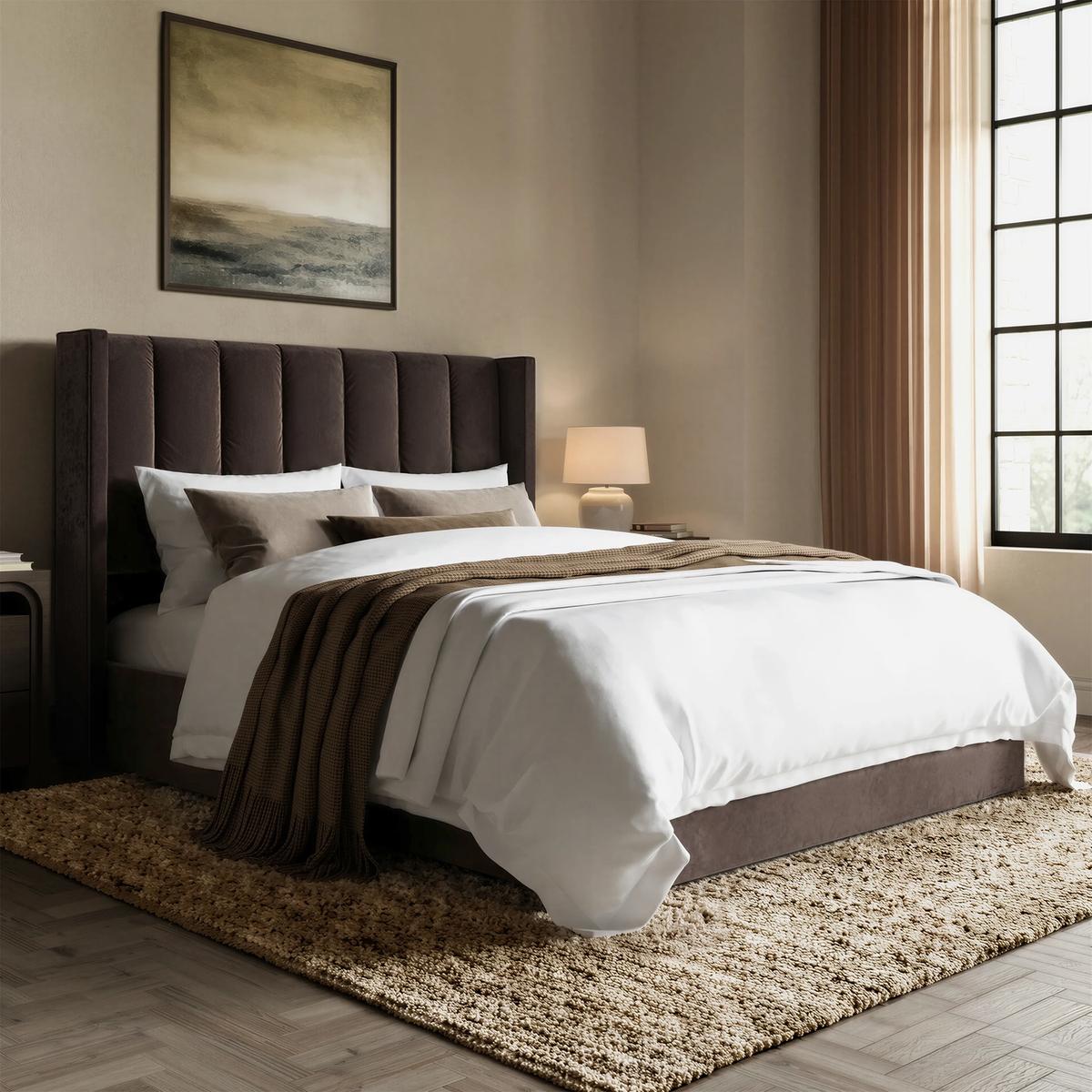 Chocolate Brown Velvet King Size Ottoman Bed With Winged Headboard - Maddox image 1