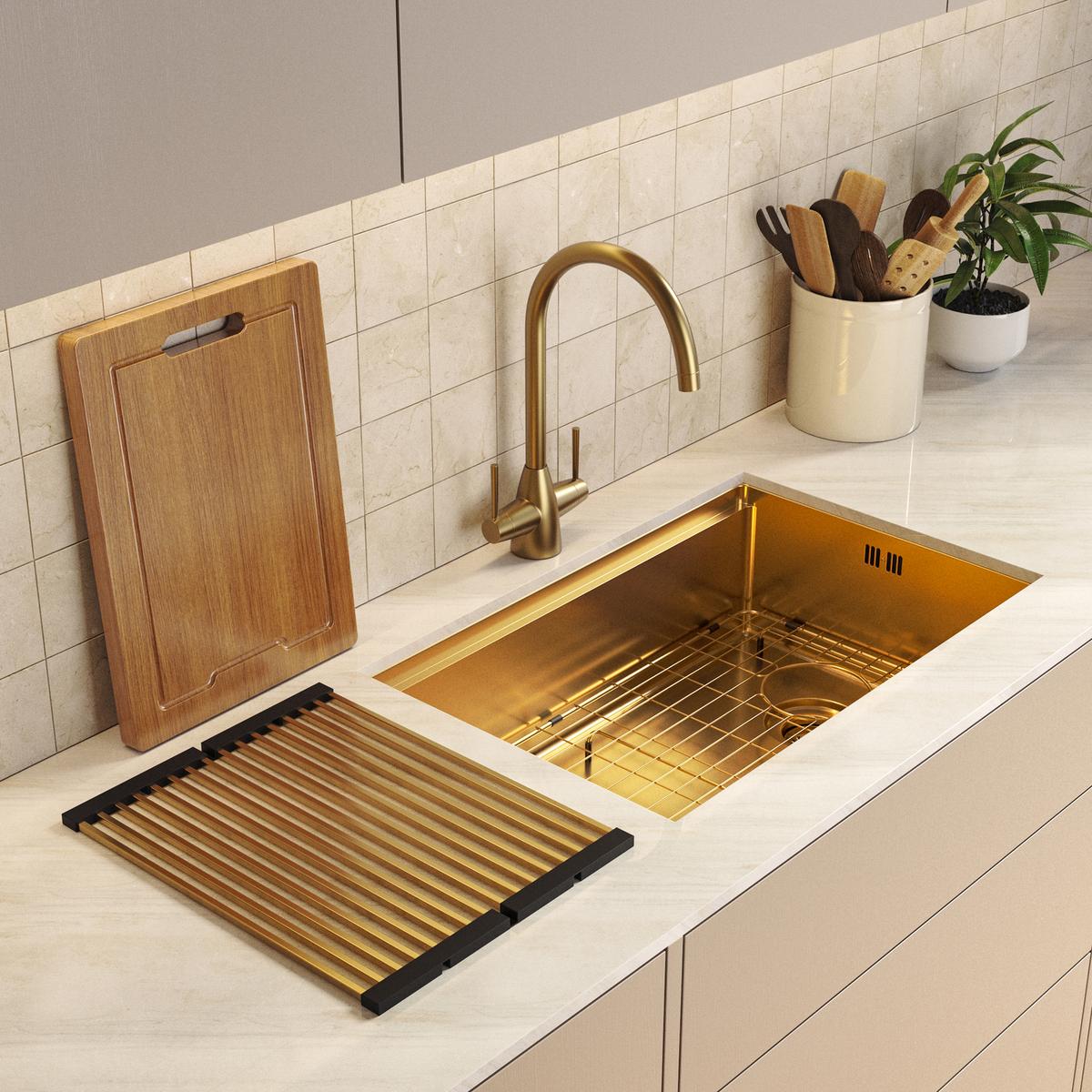 Brushed Brass Undermount Kitchen Workstation Sink Unit & Accessories - Mae image 1