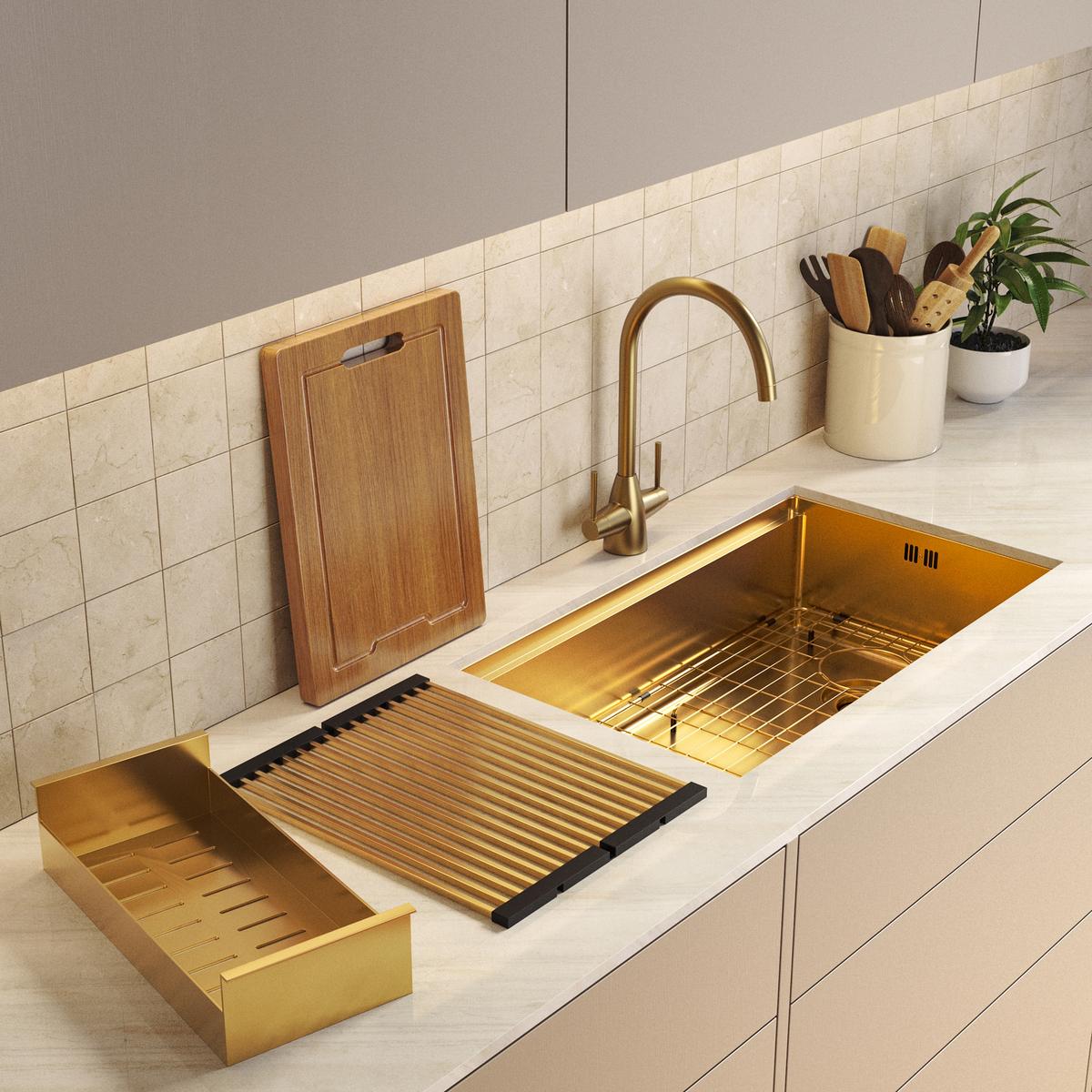 Brushed Brass Large Undermount Kitchen Workstation Sink Unit & Accessories - Mae image 1