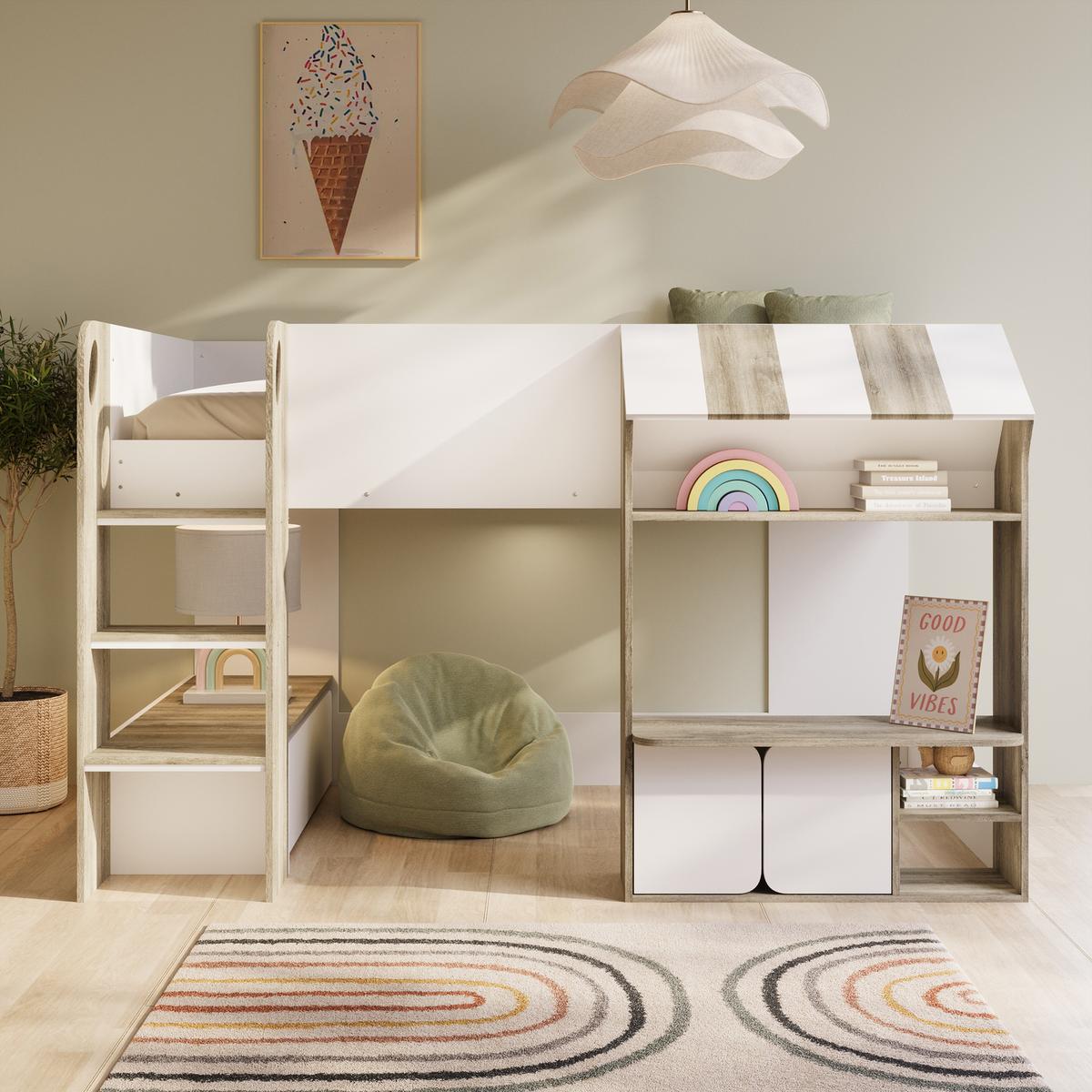 GRADE A1 - White and Oak Mid Sleeper Cabin bed with Storage - Marcel