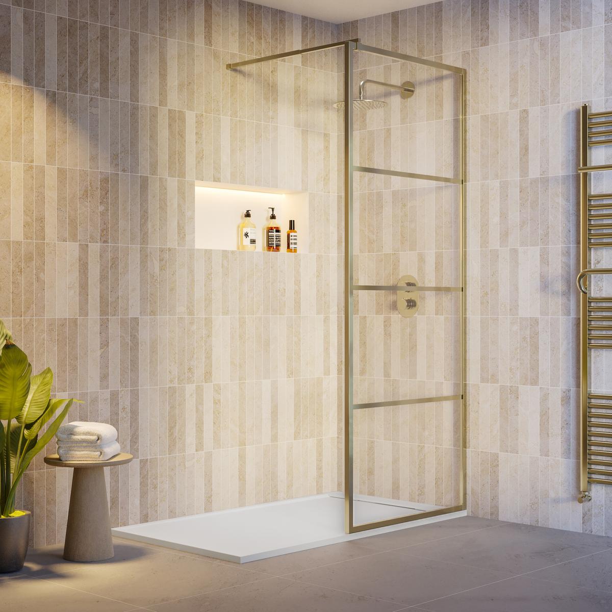800mm Brushed Brass Grid Shower Screen for Wet Room & Walk In Shower - Nova image 1