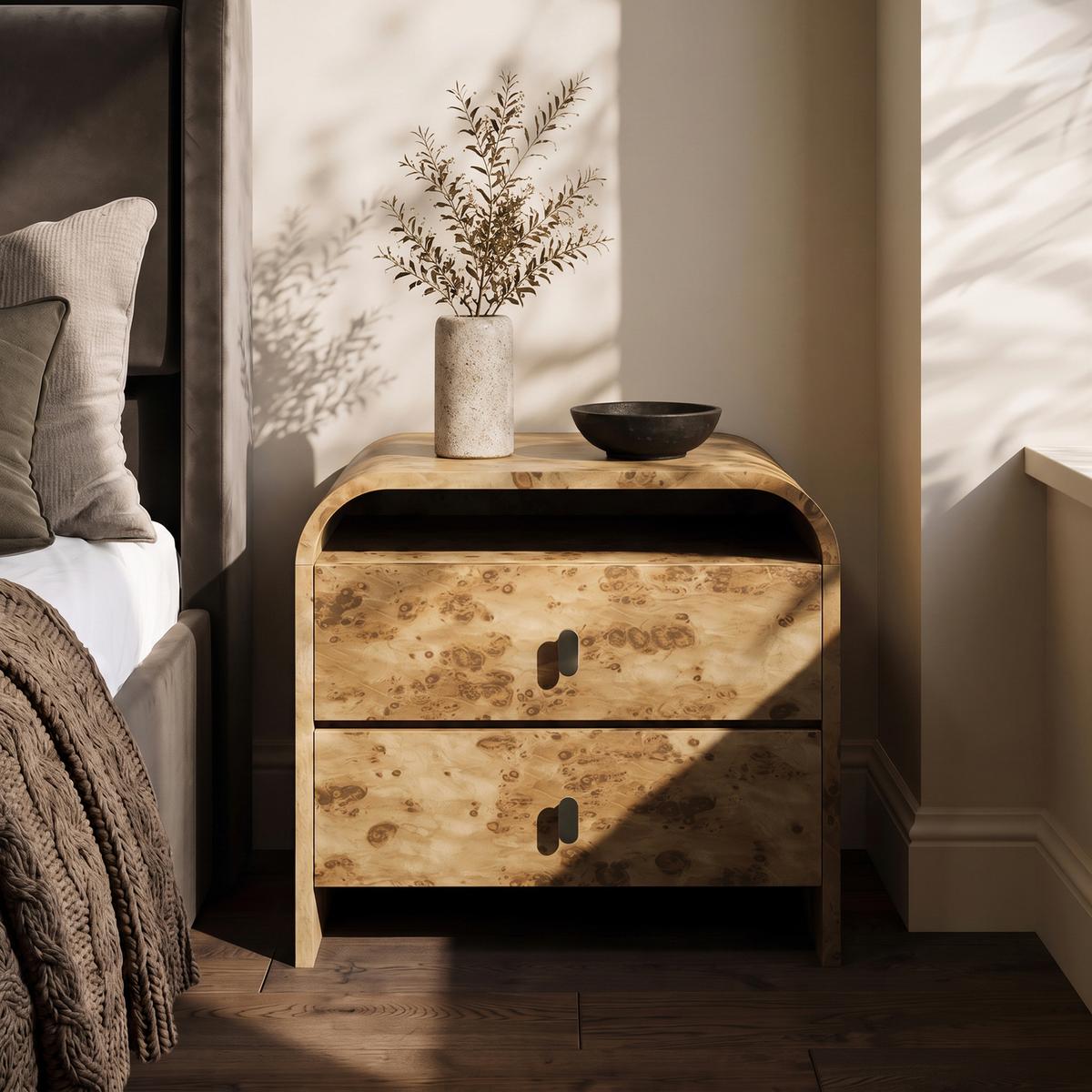 Wide Light Burl Wood Effect 2 Drawer Bedside Table - Oriana image 1
