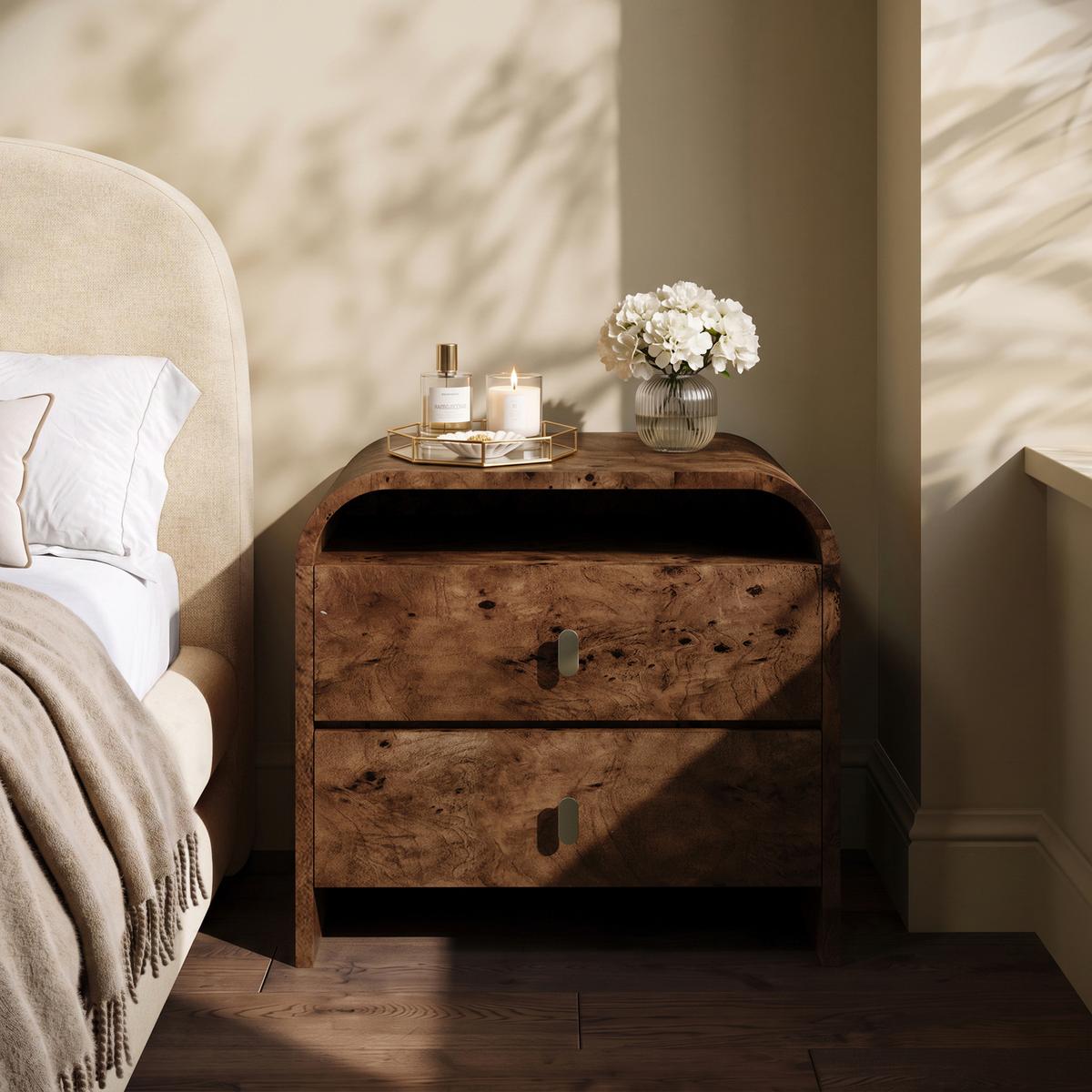 Wide Dark Burl Wood Effect 2 Drawer Bedside Table - Oriana image 1