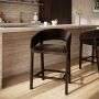 GRADE A1 - Walnut & Chocolate Brown Velvet Curved Kitchen Stool with Back - Owen