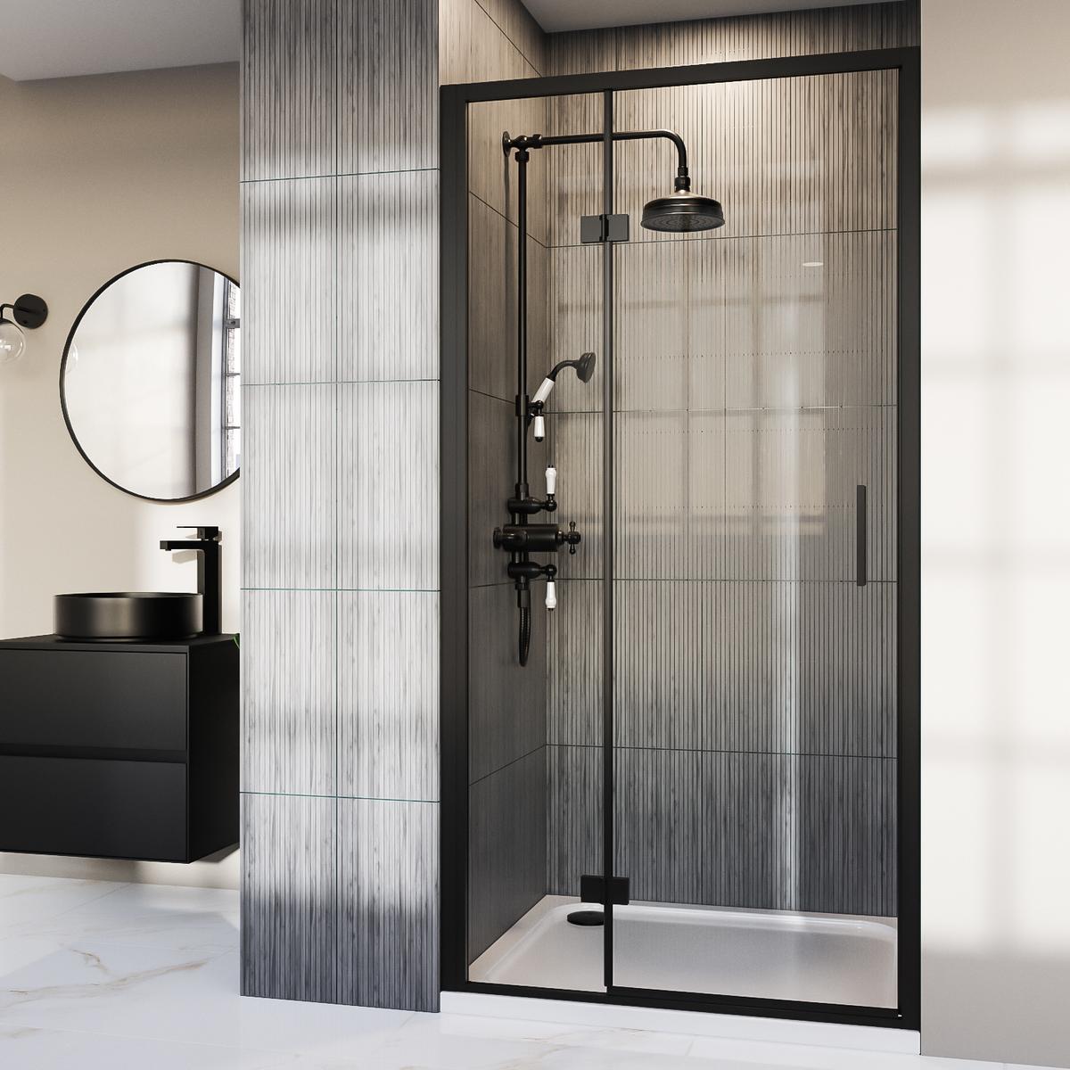 GRADE A2 - Black 8mm Glass Hinged Shower Door 1000mm - Pavo
