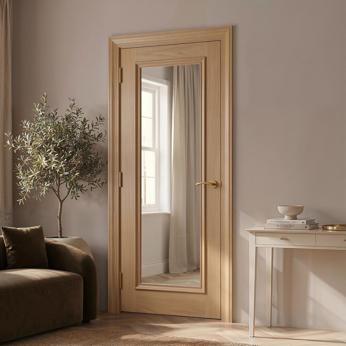 Internal Oak Pre-finished Wellington Door with Clear Bev Glass and RM - 1981 x 762 x 35mm (30") image 1