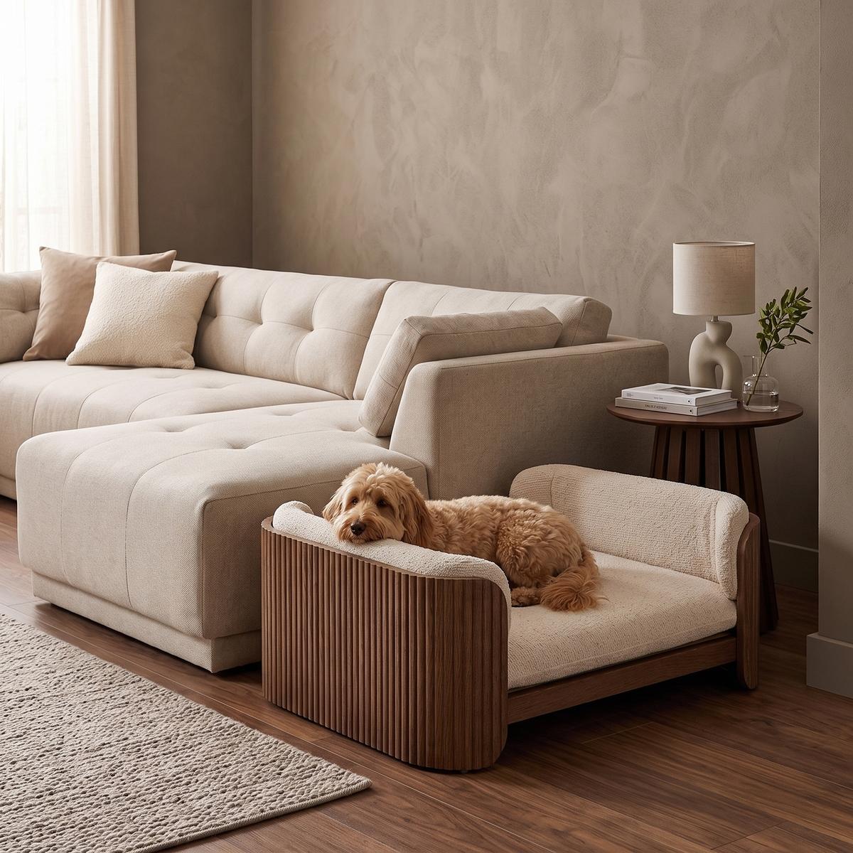 Beige Fabric Pet Bed with Walnut Ribbed Sides - Washable Cover image 1