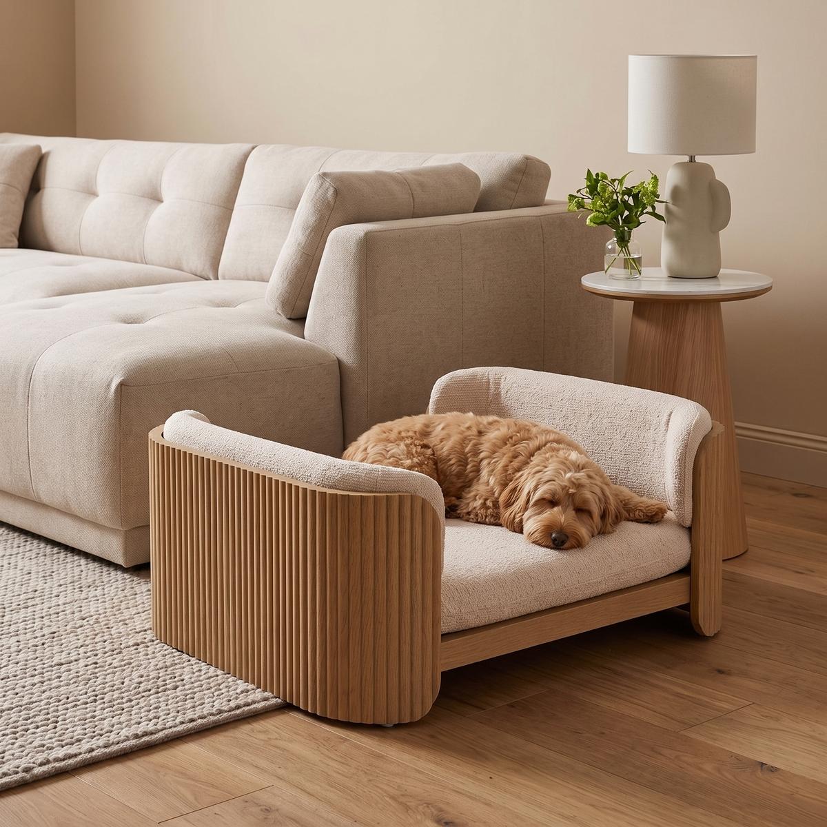 Large Beige Fabric Pet Bed with Oak Ribbed Sides - Washable Cover image 1