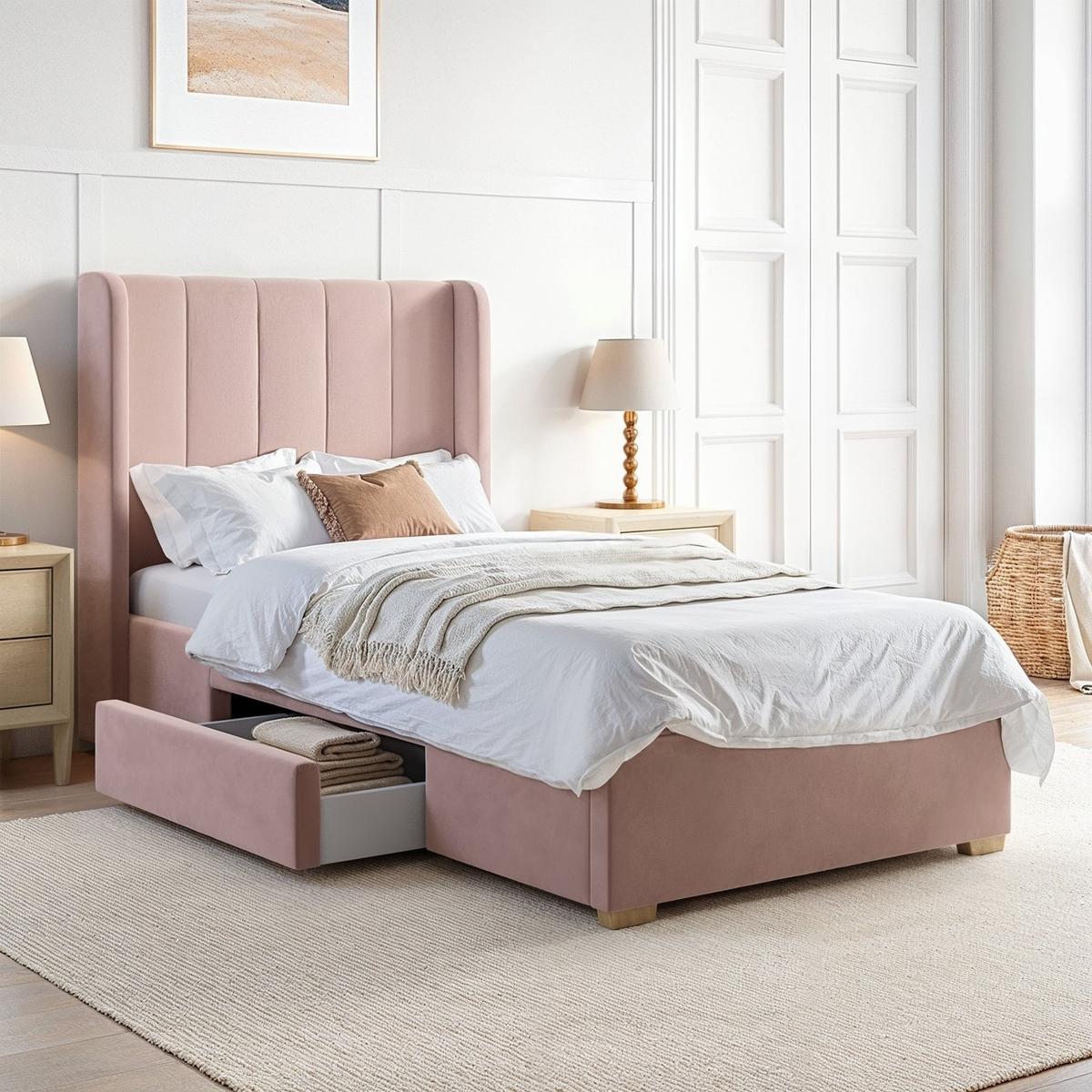 ONLY OPENED - Pink Velvet Single Bed Frame with Storage Drawer - Phoebe