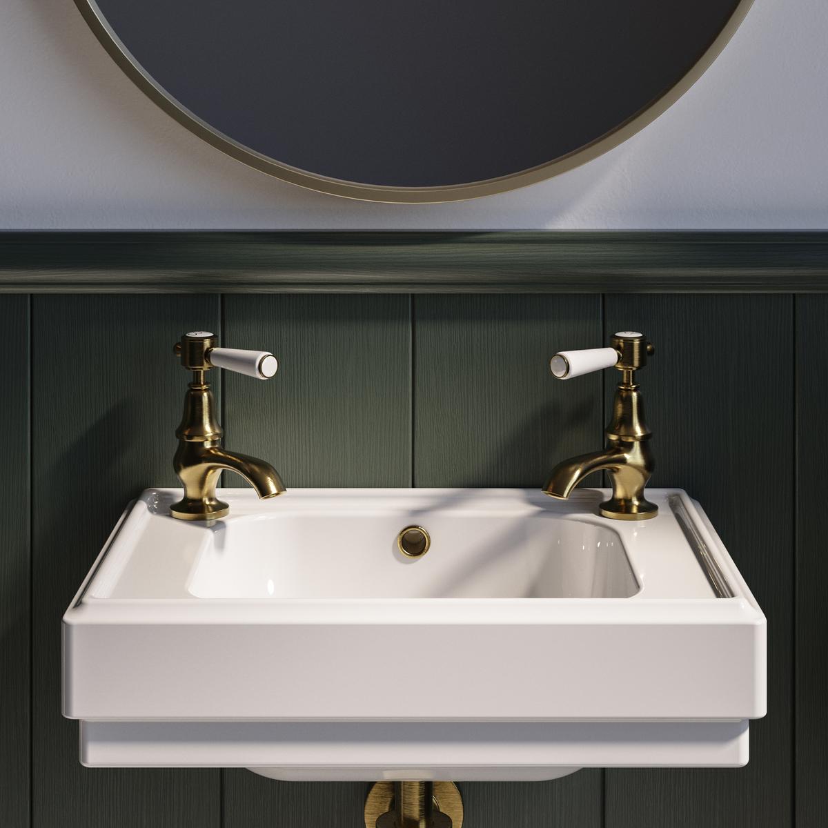 GRADE A1 - White Wall Hung Cloakroom Basin with 2 Tap Holes 450mm - Park Royal