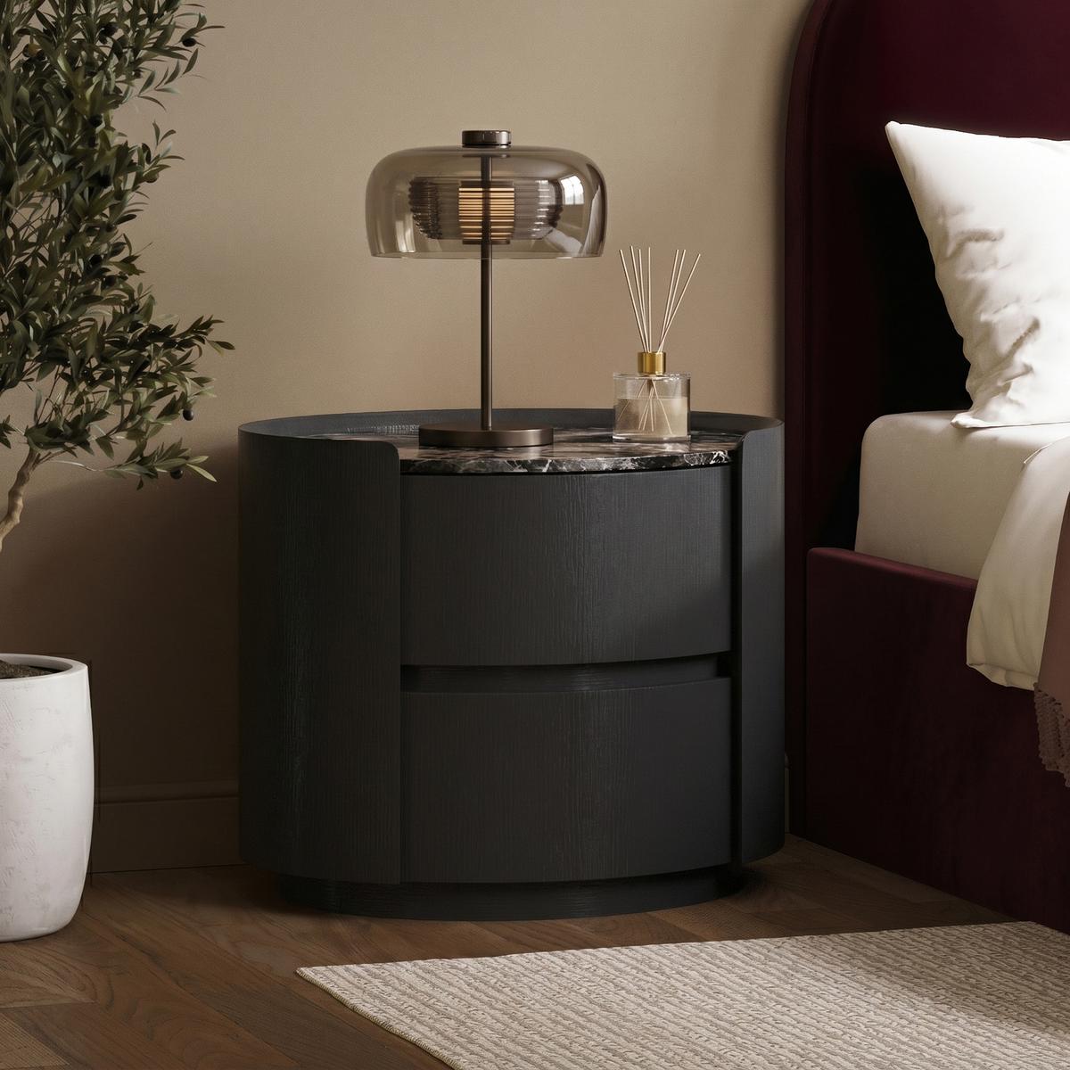 Raffaele Marble Effect Top 2 Drawer Bedside in Black  image 1