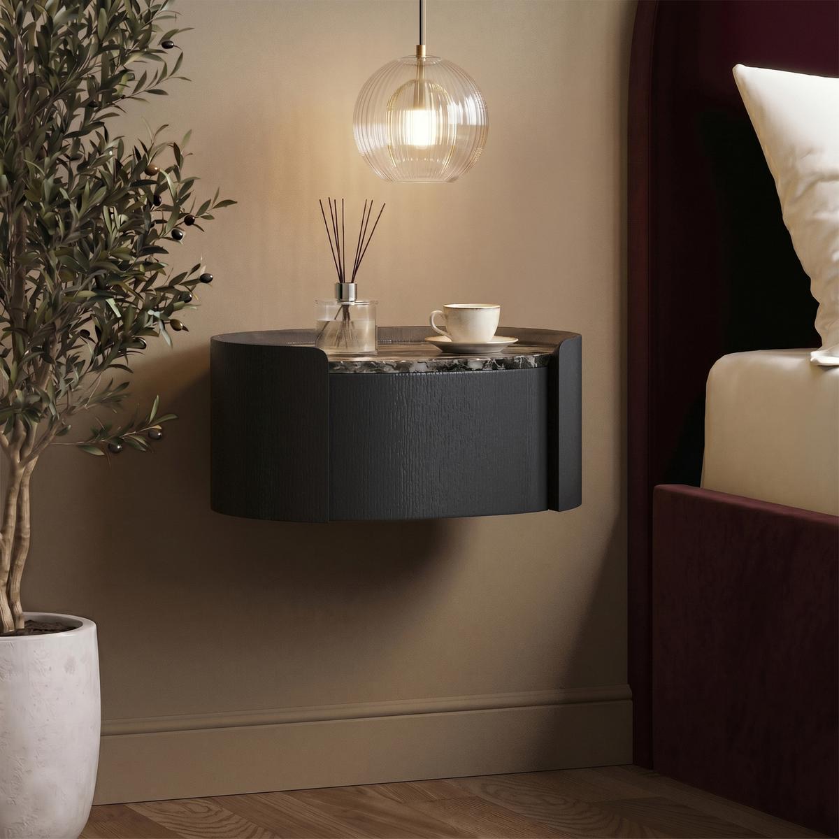 Raffaele Marble Effect Top Floating Bedside in Black  image 1