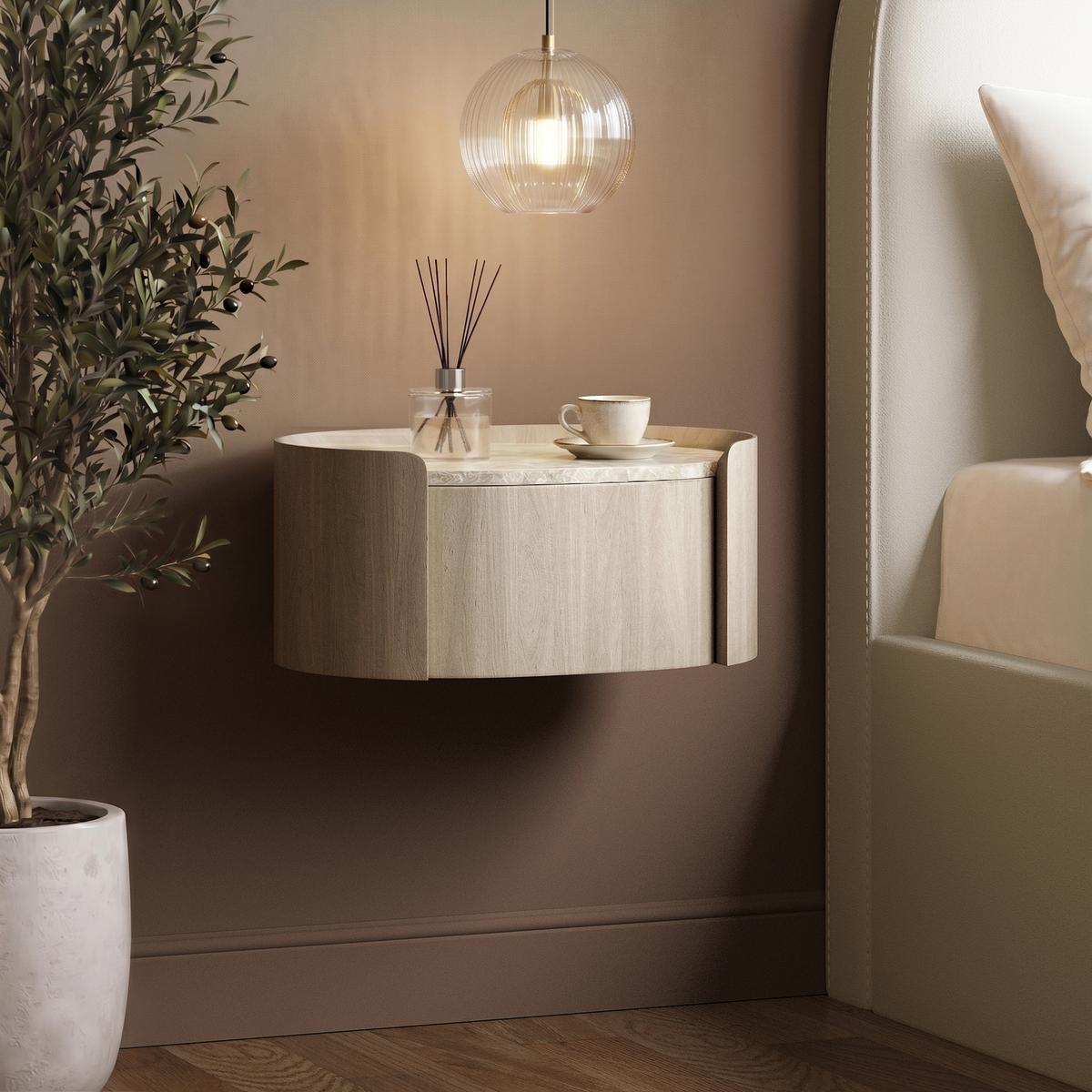 Raffaele Marble Effect Top Floating Bedside in Light Wood  image 1