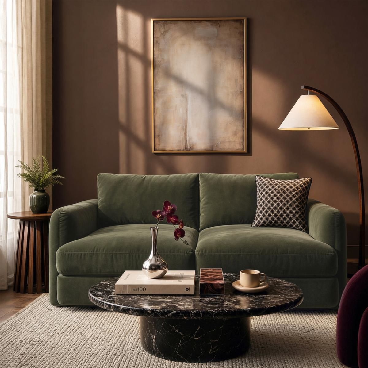 Khaki Green Velvet 3 Seater Sofa - Sade  image 1