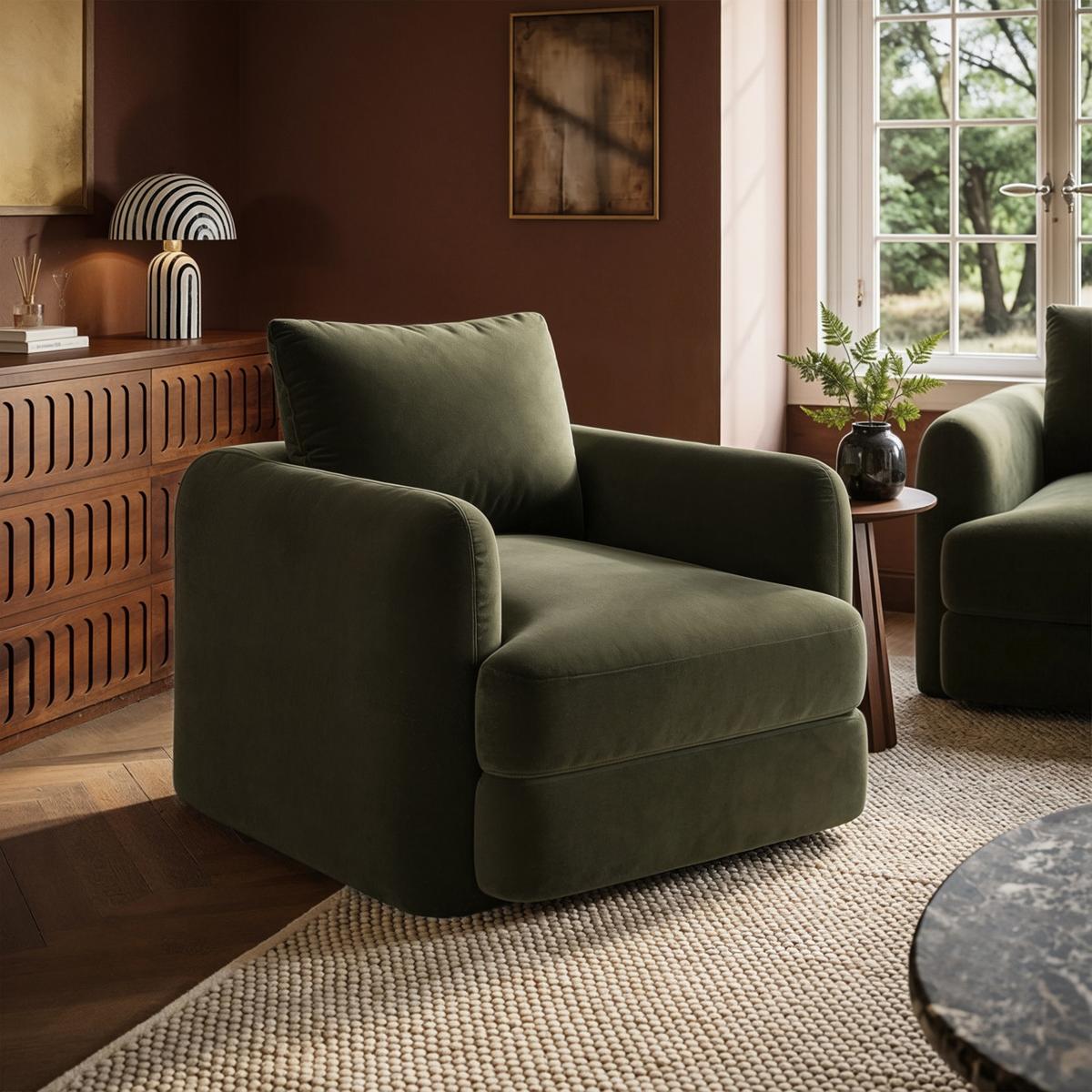 Khaki Green Velvet Armchair - Sade  image 1