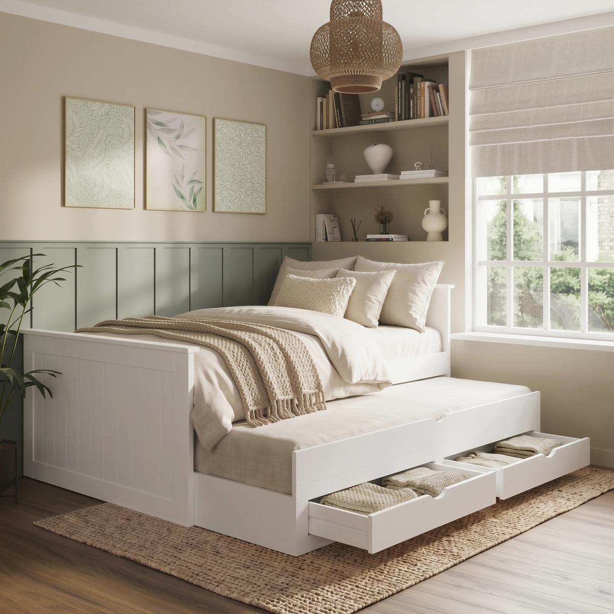 Small Double White Wooden Guest Bed with Storage and Trundle - Sander image 1