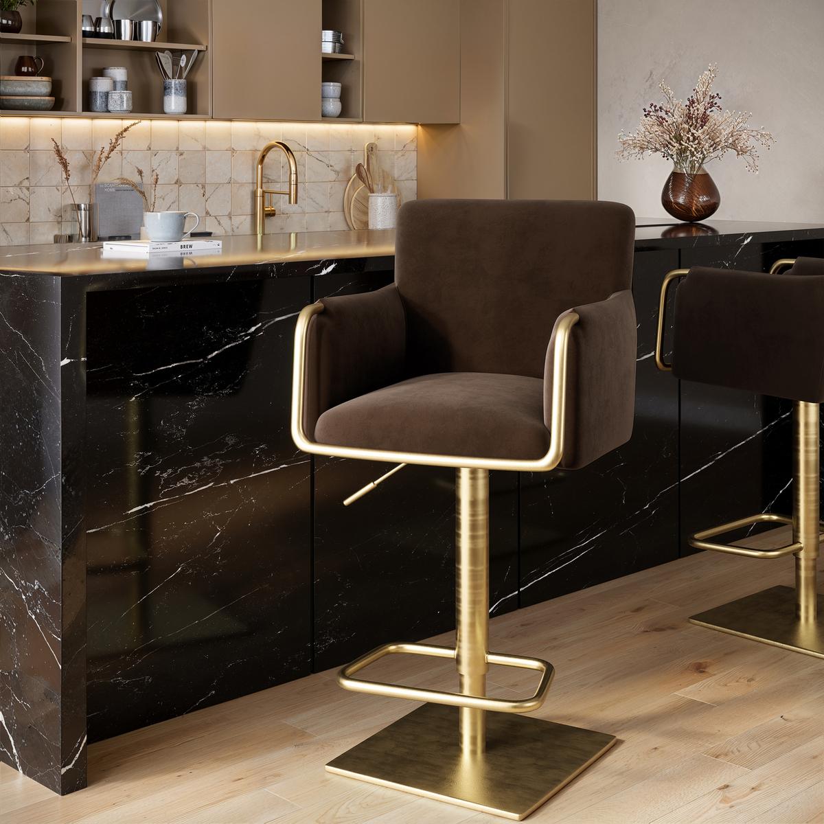 GRADE A1 - Brown Velvet Adjustable Swivel Bar Stool with Gold Base - Sonny