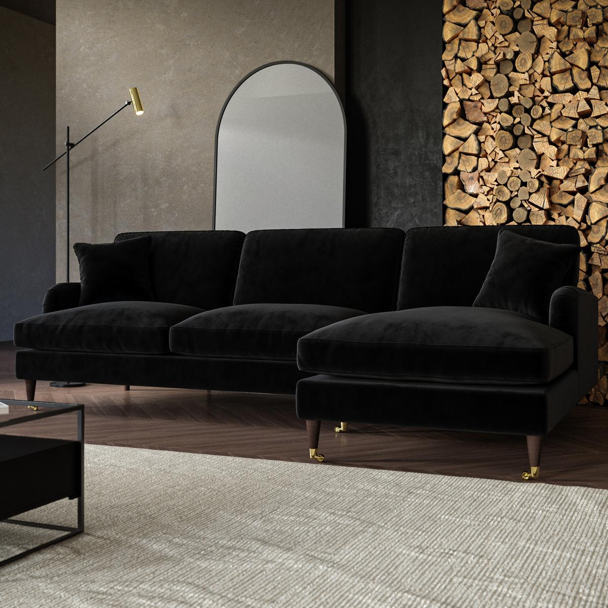 ALMOST PERFECT - Black Velvet Right Hand Facing L Shaped Sofa - Seats 4 - Payton