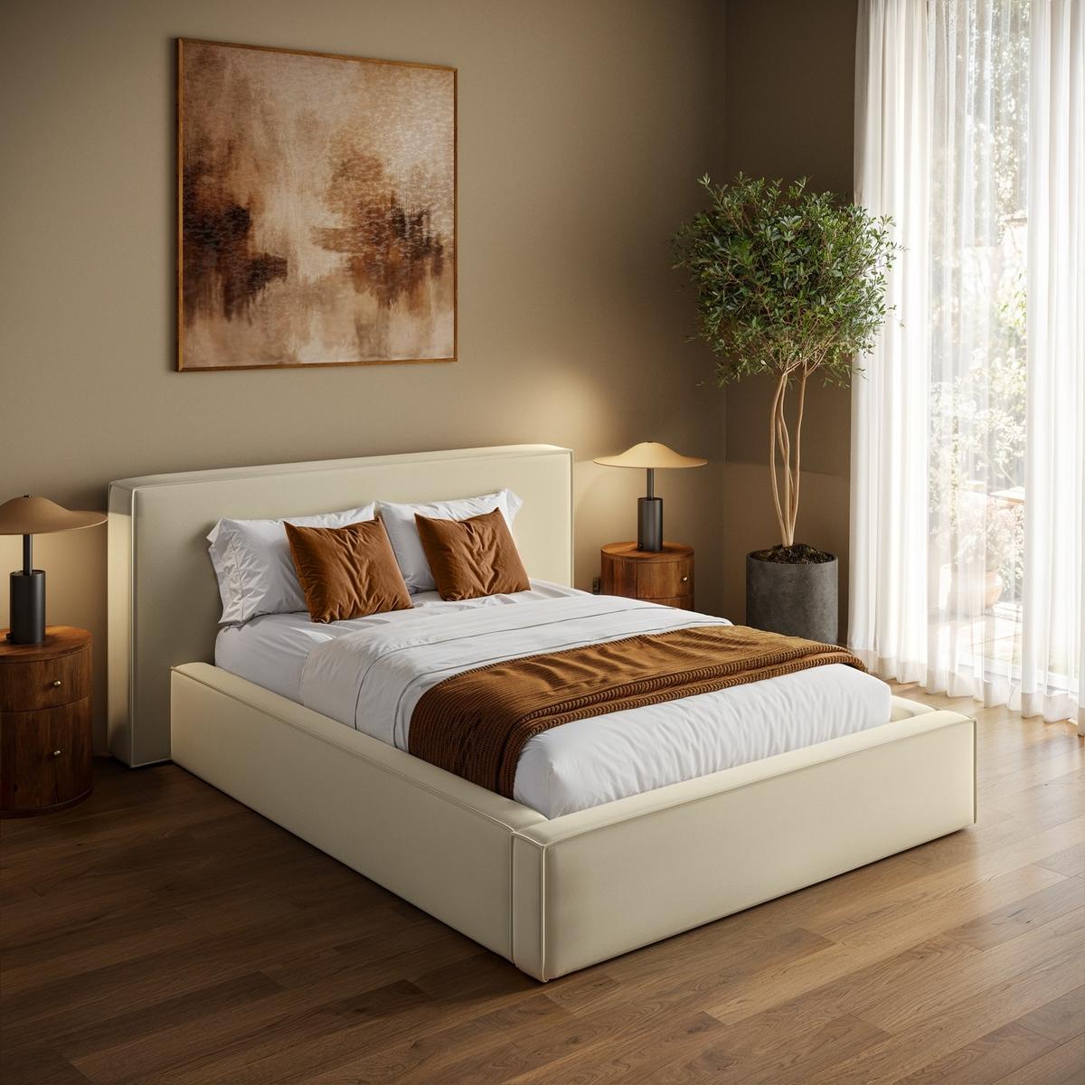 Cream Velvet Double Low-Profile Ottoman Bed with Tailored Seam Detailing - Sereno image 1