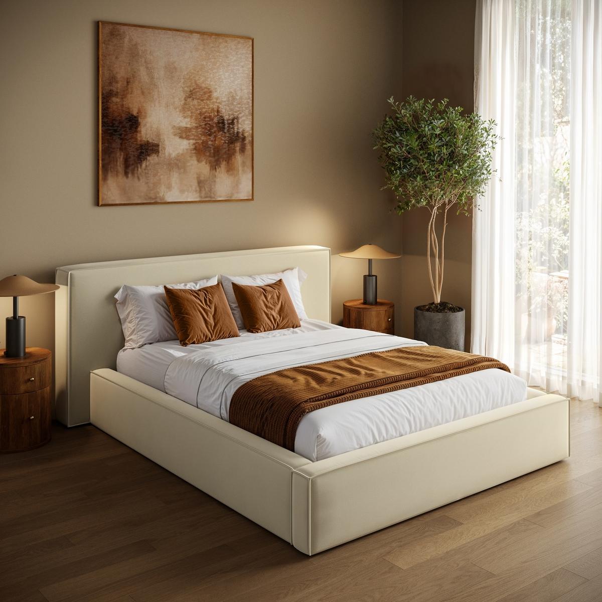 Cream Velvet King Size Low-Profile Ottoman Bed with Tailored Seam Detailing - Sereno image 1