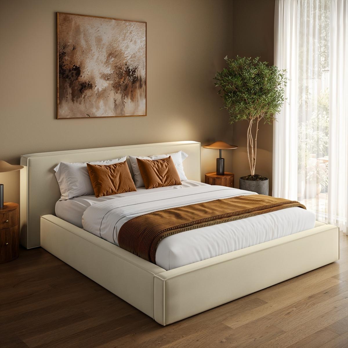 Cream Velvet Super King Low-Profile Ottoman Bed with Tailored Seam Detailing - Sereno image 1