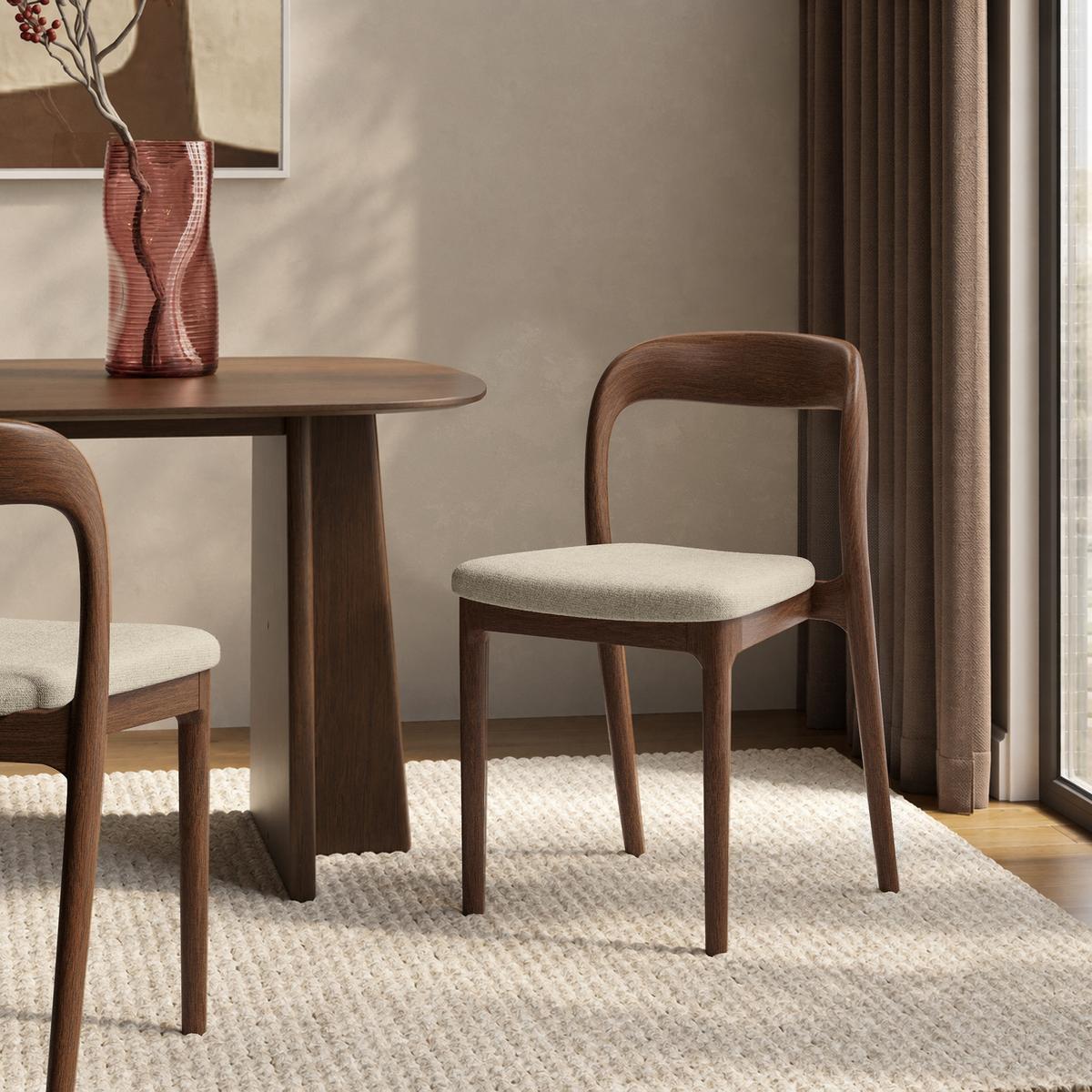 Set of 2 Beige Upholstered Dining Chairs with Walnut Solid Wood Frame - Uma image 1
