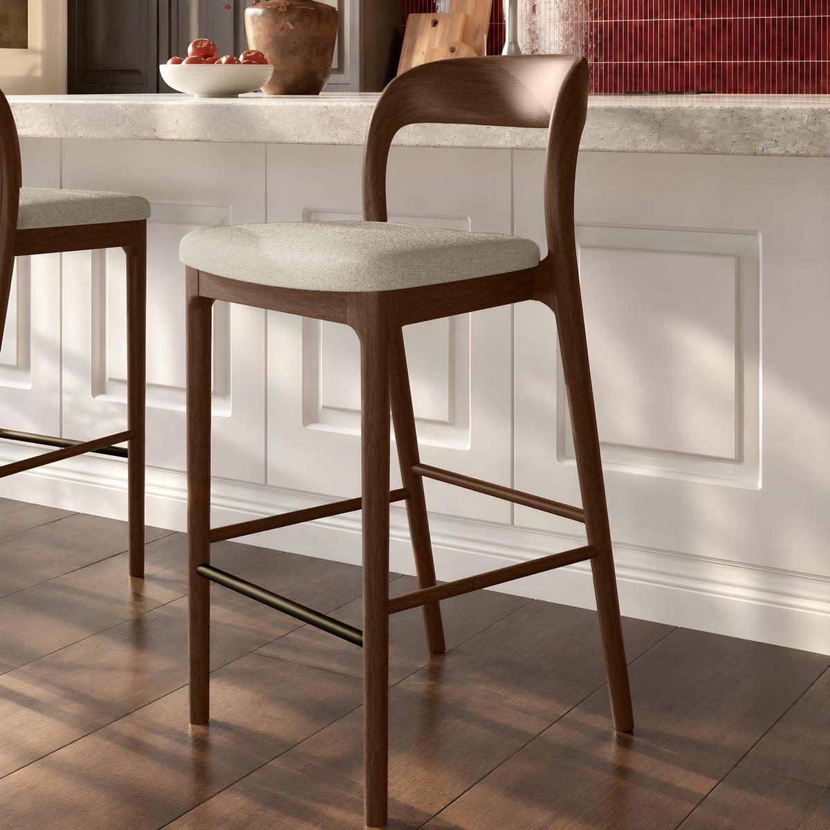 Beige Upholstered Kitchen Stool with Walnut Solid Wood Frame - Uma image 1