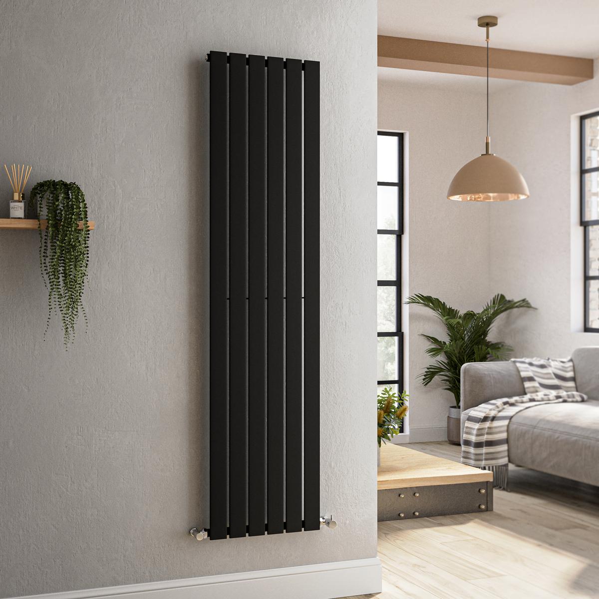 GRADE A1 - Riace Midnight Black Vertical Flat Designer Radiator 1600x408mm Single Panel 2442 BTU image 1