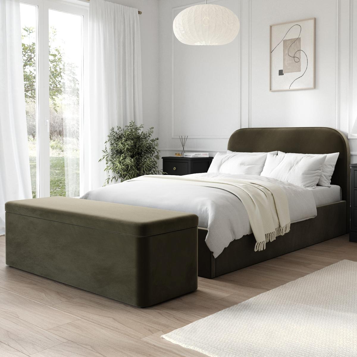 GRADE A1 - Khaki Green Velvet Small Double Ottoman Bed - Zara image 2