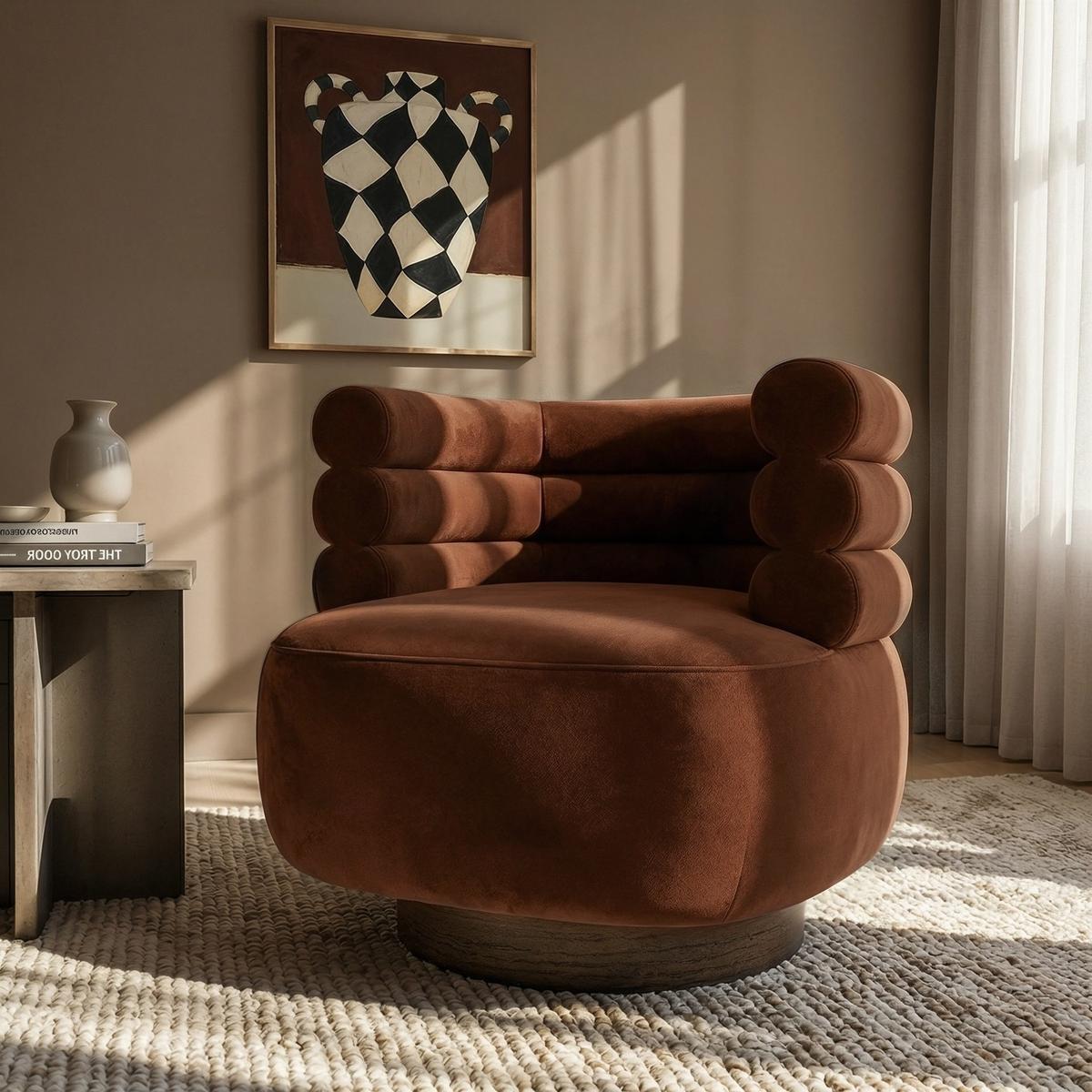 Rust Brown Velvet Modern Swivel Armchair - Zora image 1