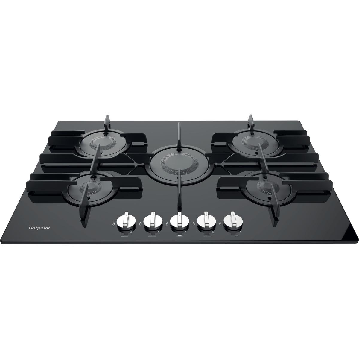 Hotpoint 75cm 5 Burner Gas on Glass Hob with Vertical Flame - Black