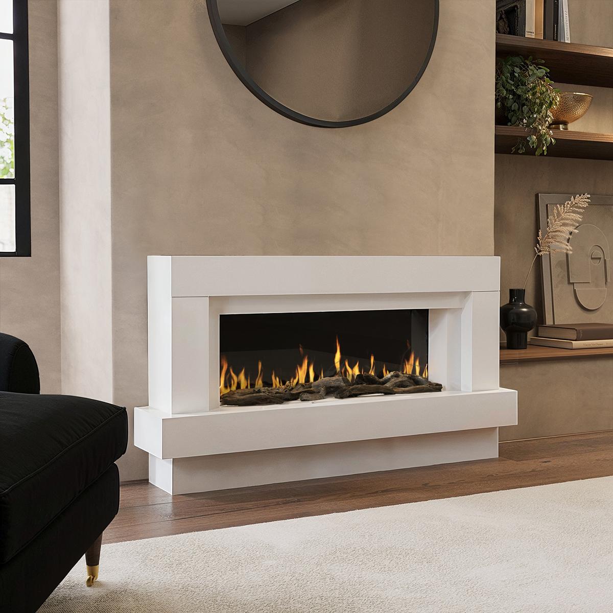 ONLY OPENED - AmberGlo White Freestanding Electric Fireplace with LED Lights and 48" WIFI Enabled Fire