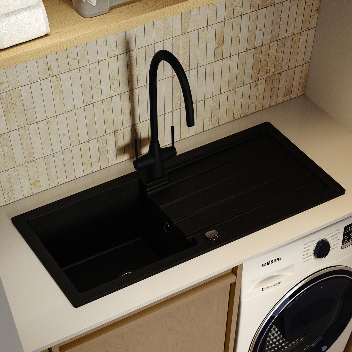 Large Single Bowl Black Inset Composite Kitchen Sink with Reversible Drainer - Enza Alice